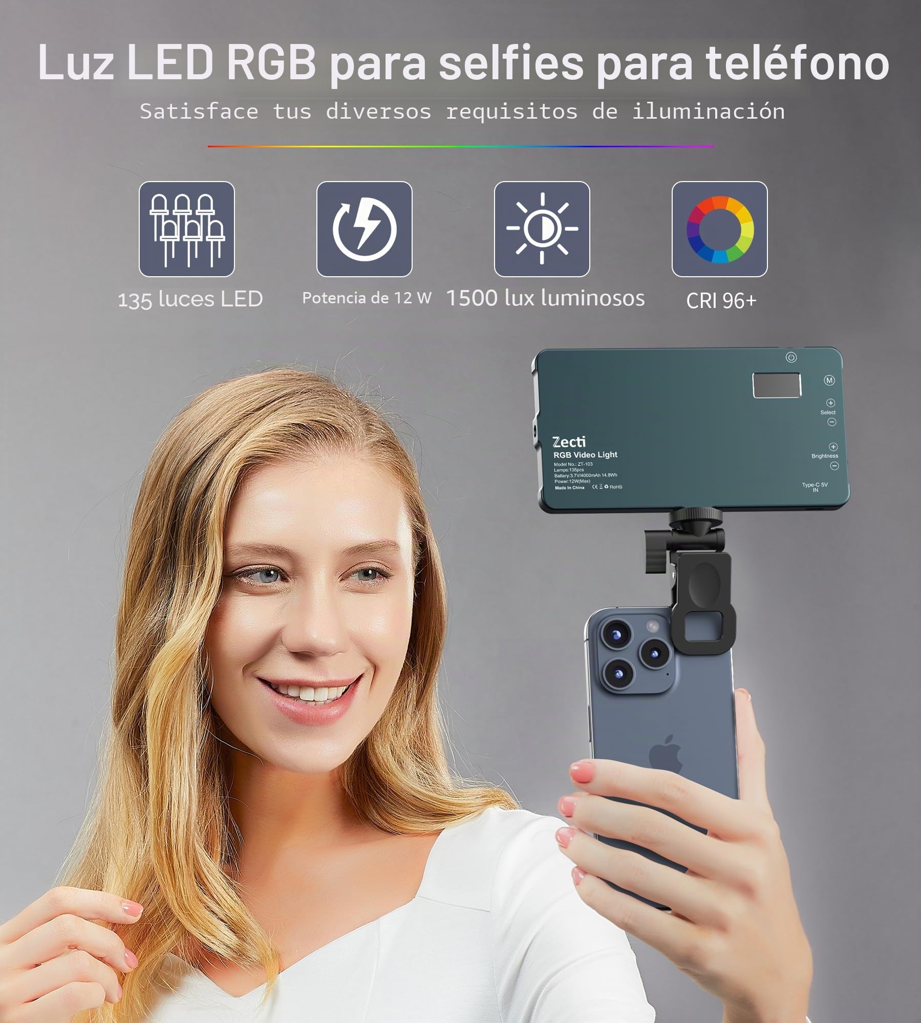 Zetci 135 LED Selfie Luz para teléfono móvil con zapata de flash de metal y clip lámpara de vídeo con Hot Shoe y empuñadura