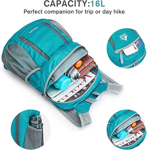 Miniatura 9 de G4Free Mochila de senderismo, resistente al agua, ligera, plegable, para viajes, camping, al aire libre, Azul verdoso, Mochilas Daypack