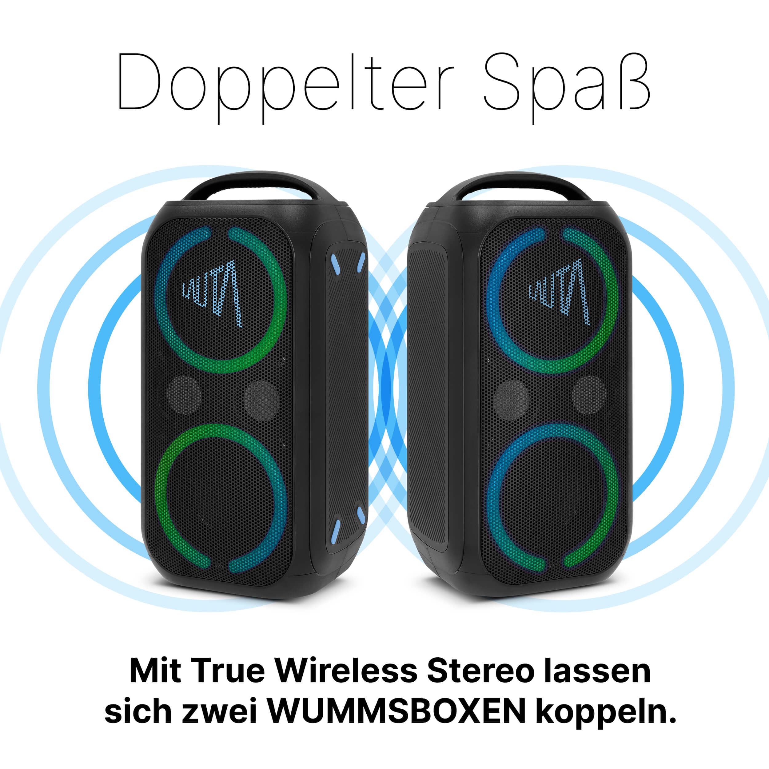LAUTA WUMMSBOX - 160W Peak Bluetooth Partybox, Musikbox mit 103dB Sound | Bass Boost, True Wireless Stereo, 12 Stunden Akkulaufzeit, LED, IPX4, USB, Mikrofon-Anschluss, 80W RMS Leistung