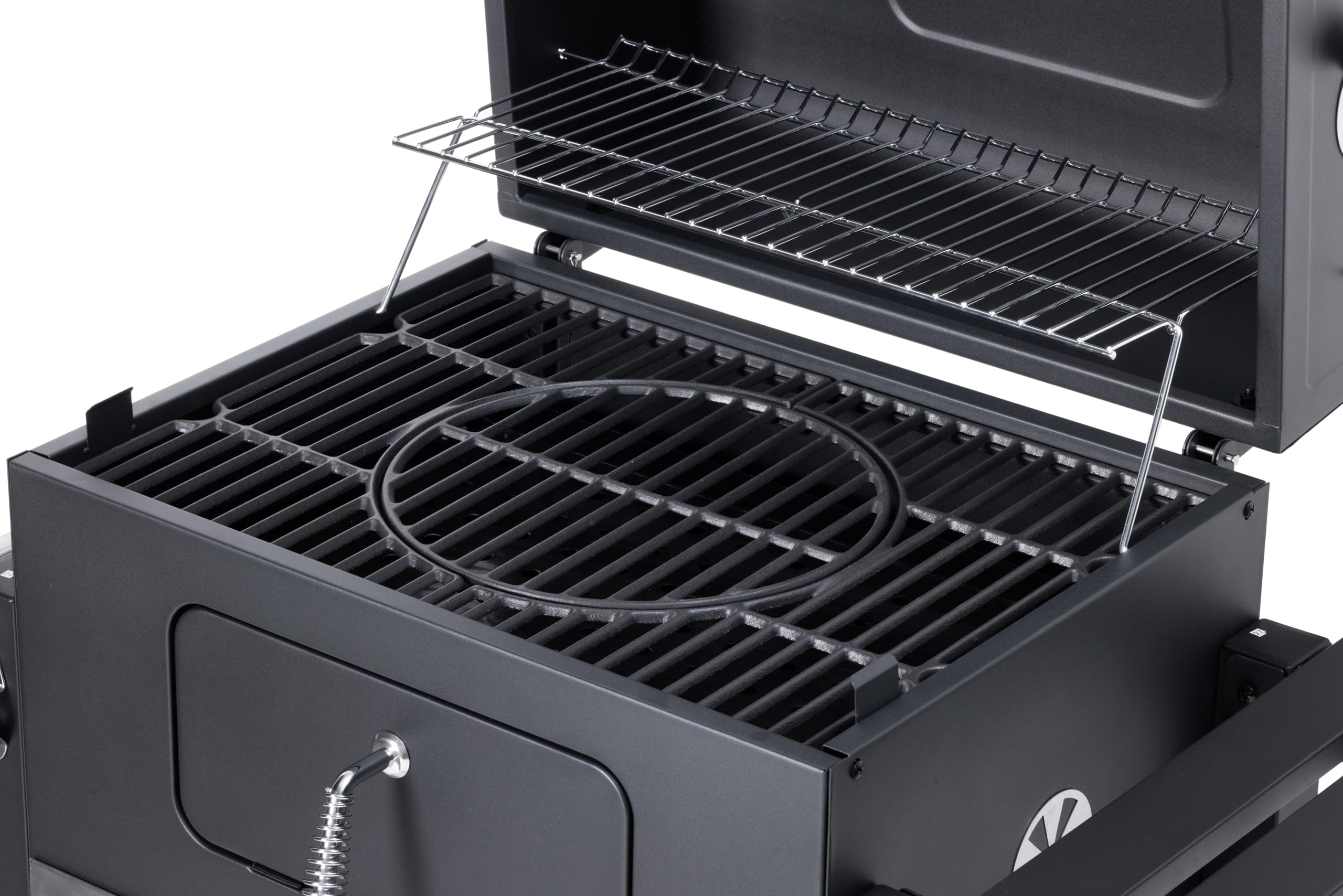 Tarrington House Barbecue au Charbon de Bois Memphis, Acier, Couvercle avec Thermomètre, Tablette latérale Pliable, Bac à Cendres, Étagère inférieure, 2 Roulettes, Gris