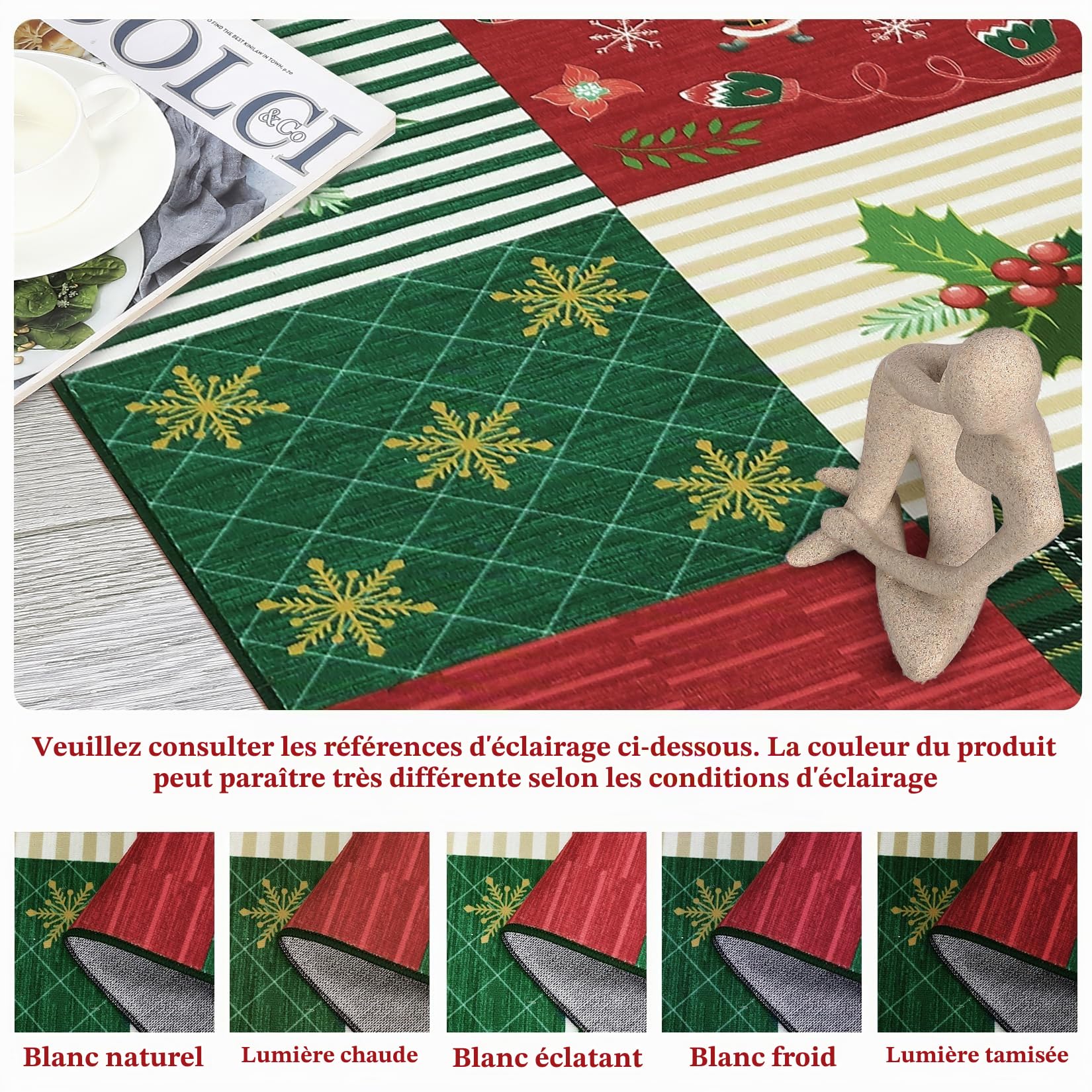 CAROMIO Tapis de Noël Rouge/Vert Tapis de Zone de Noël Cloche Flocon de Neige Ornement de Renne Tapis Grand Tapis de Salon Moquette Lavable Moquette de Sol à Faible Hauteur pour Intérieur, Rouge 140 x