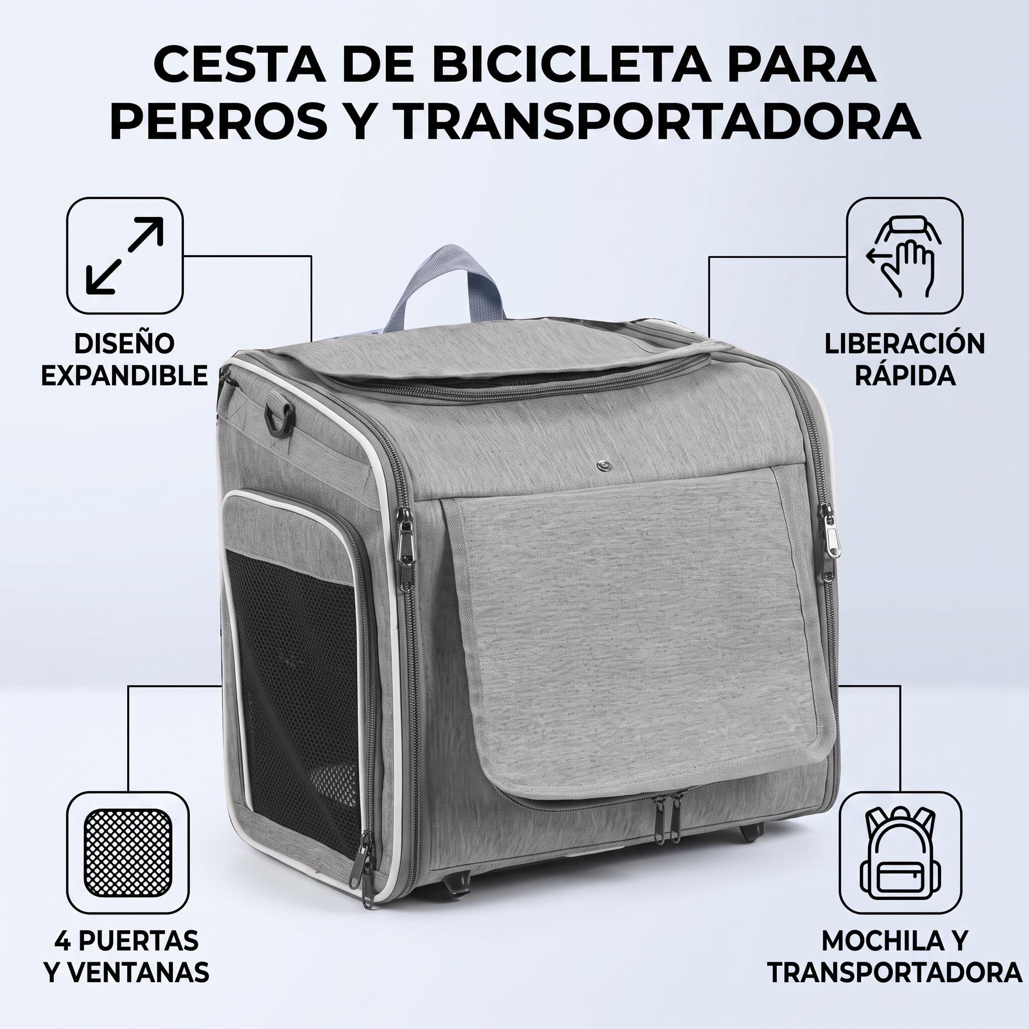 Rengue Fahrrad-Hundeträger, Hunde-Fahrradkorb, Erweiterbarer Haustierträger, Wasserdichter Oxford-Stoff, Outdoor-Radfahren, Einkaufen, Reisetasche für Mittelgroße Hunde, Katzen Bis zu 8 Kg, (Gray)