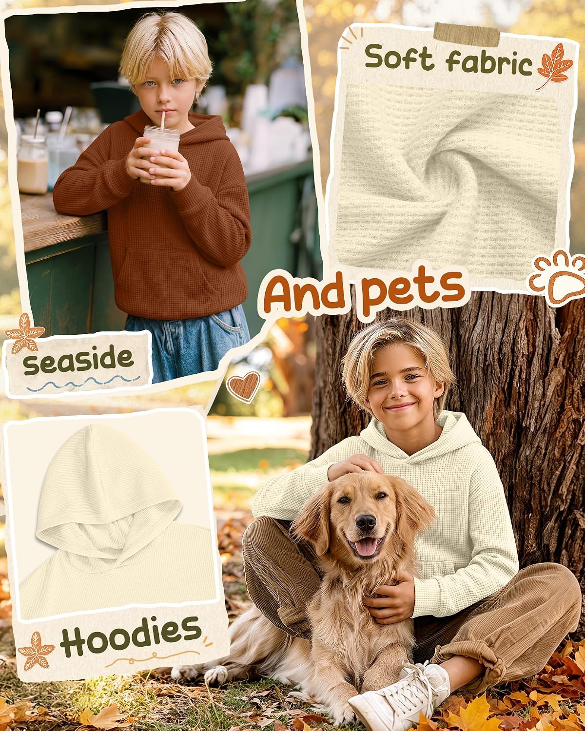 Boy's Waffle Hoodies 2 Pieces Kids Long Sleeve Sweatshirts Pullover Hoodie Sweatshirts for Boys Teens 5-14 Years
