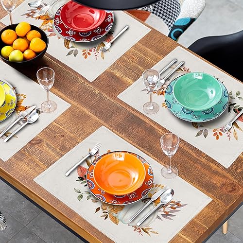 Miniatura 8 de Juego de 4 manteles individuales de calabaza de otoño, con diseño de flores de calabaza, color blanco, lavables, resistentes al calor, para cocina,
