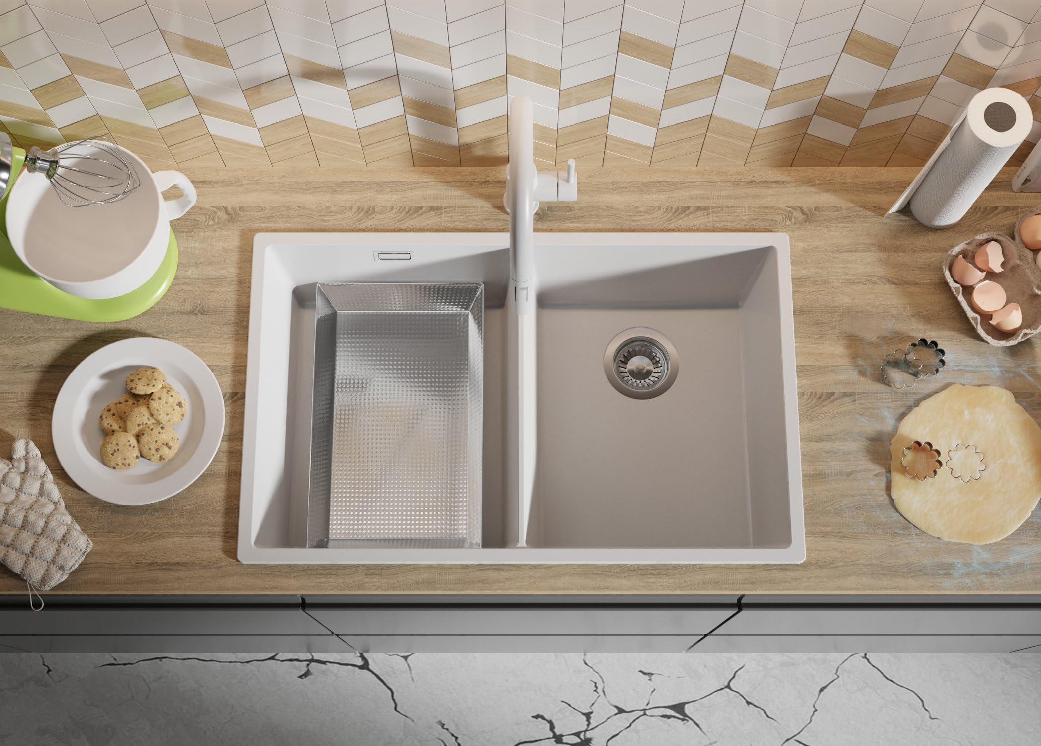 PRIMAGRAN Fregadero Cocina Blanco - London Twin Slim, 76x47cm | Granito 2 Senos + Set de accesorios, sobre Encimera al Mueble 80cm (S036)