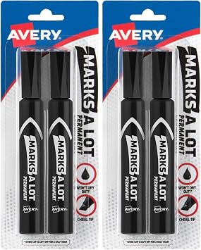 Marks-A-Lot Avery Permanent Markers, Regular Desk-Style Size, Chisel Tip, Water and Wear Resistant, 2 Black Markers 07888 Pack of 2