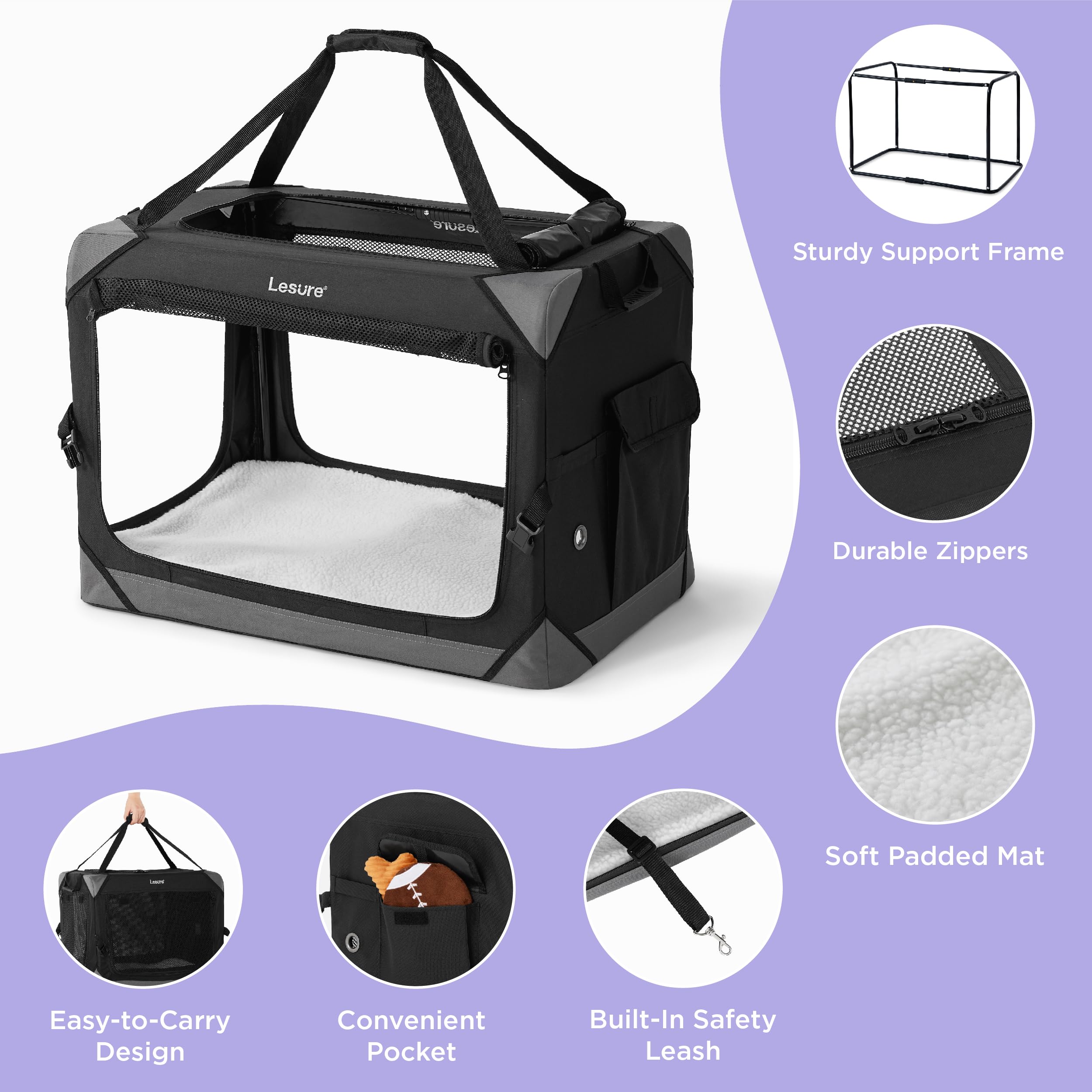 Lesure Hundebox Auto Faltbar Mit Tragegriffen 61 x 40 x 40 cm, Transportbox für Klein & Große Hunde und Katzen, Oxford-Gewebe, Schwarz