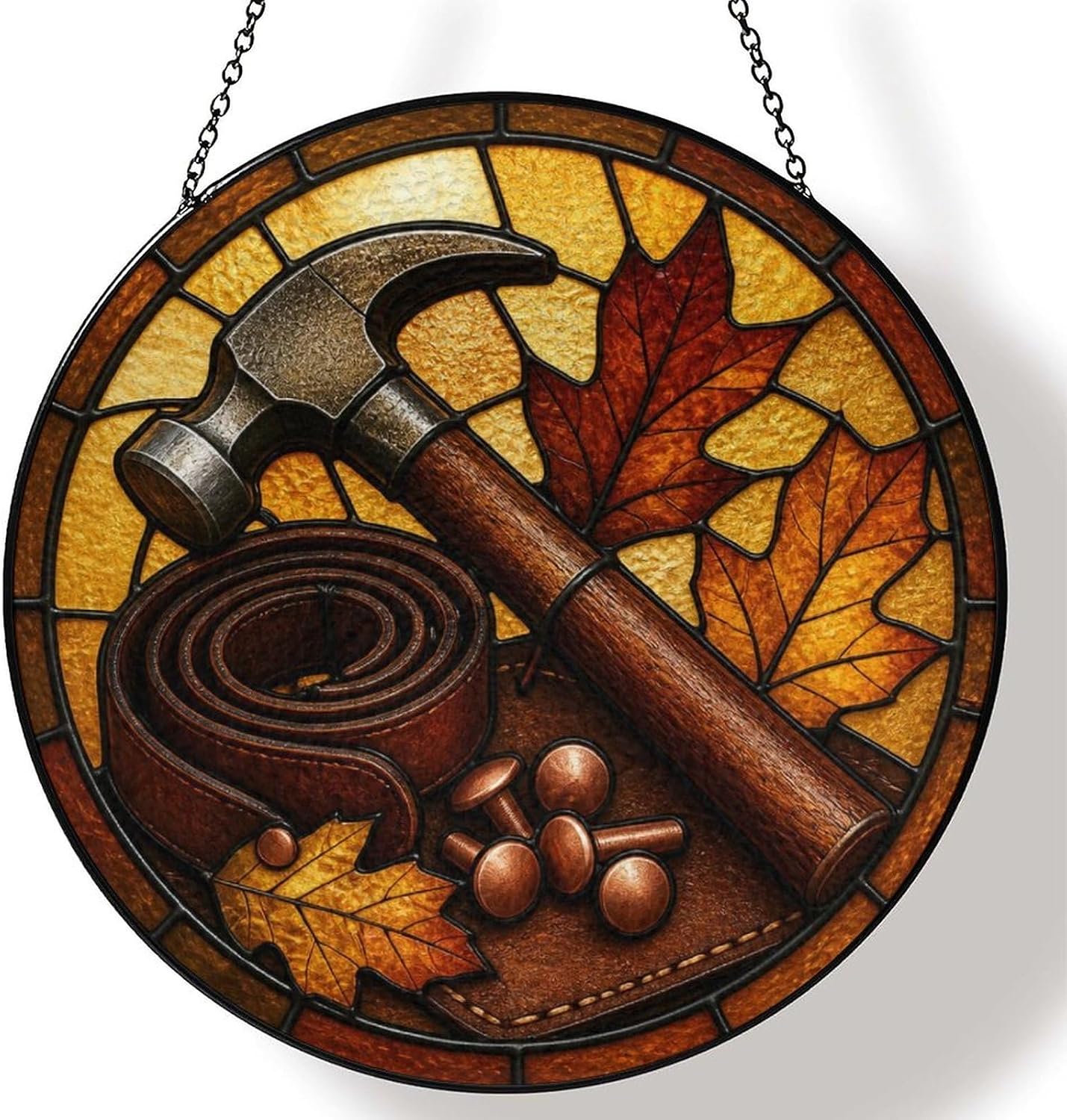 Hammer Hand Tools Maple Stained Glass Suncatcher 11.8" Colorful Window Hanging Ornament, Sun Catcher Decor for Bathroom Front Door Living Room Home Wall Garden