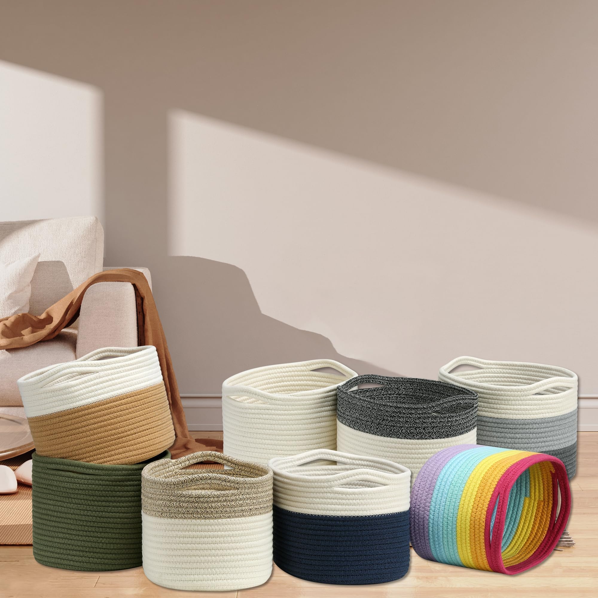 KITCSTI 3Pack Woven Cotton Rope Basket Storage for Organizing Small Toys Decorative Organizers Bins for Room Items Storage and Snack Storage Bins with Handle, 13x9x7in