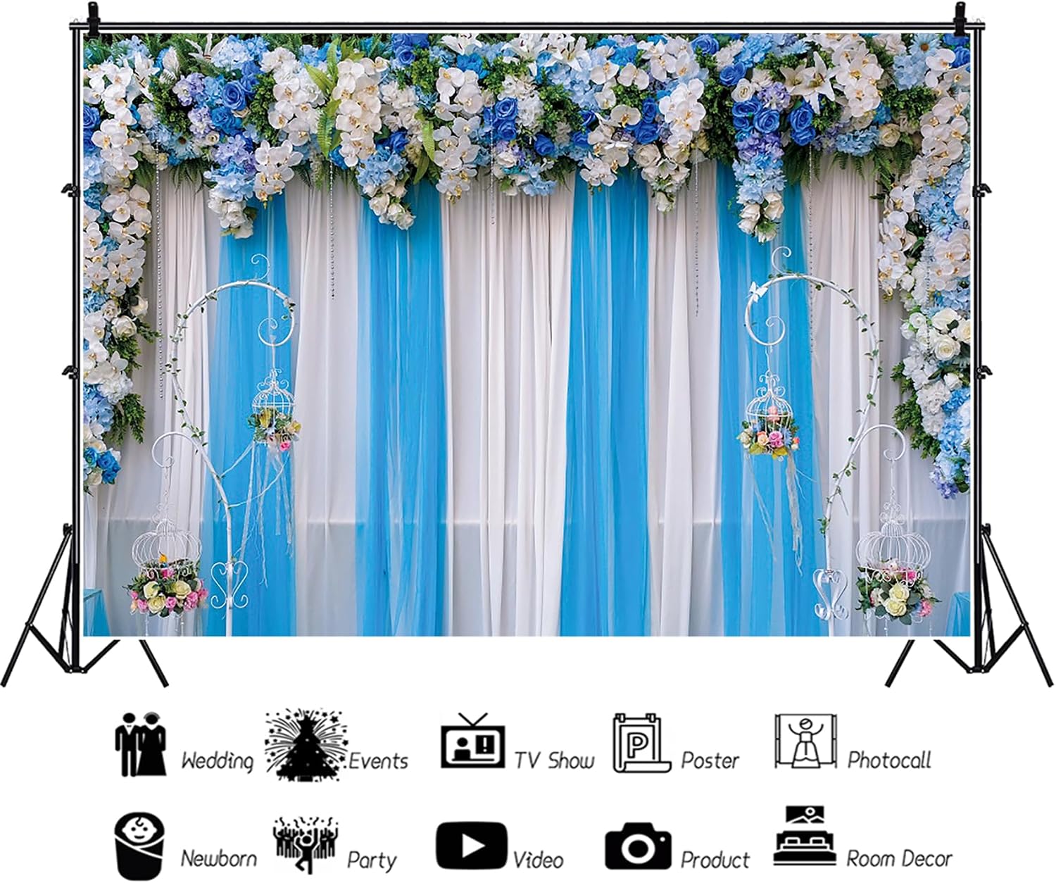9x6ft Wedding Backdrop White and Blue Tulle Curtain Floral Mother's Day Indian Ceremony Background for Photography Bridal Shower Supplies Wedding Photo Background