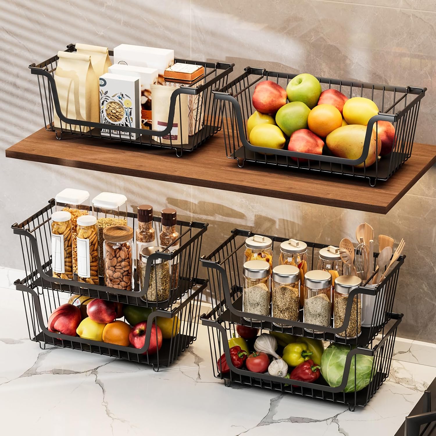 Pack of 4 Stackable Metal Kitchen Bins Storage Containers for Refrigerator Organization and Countertop Produce Storage Adjustable Stackable Wire Baskets for Kitchen