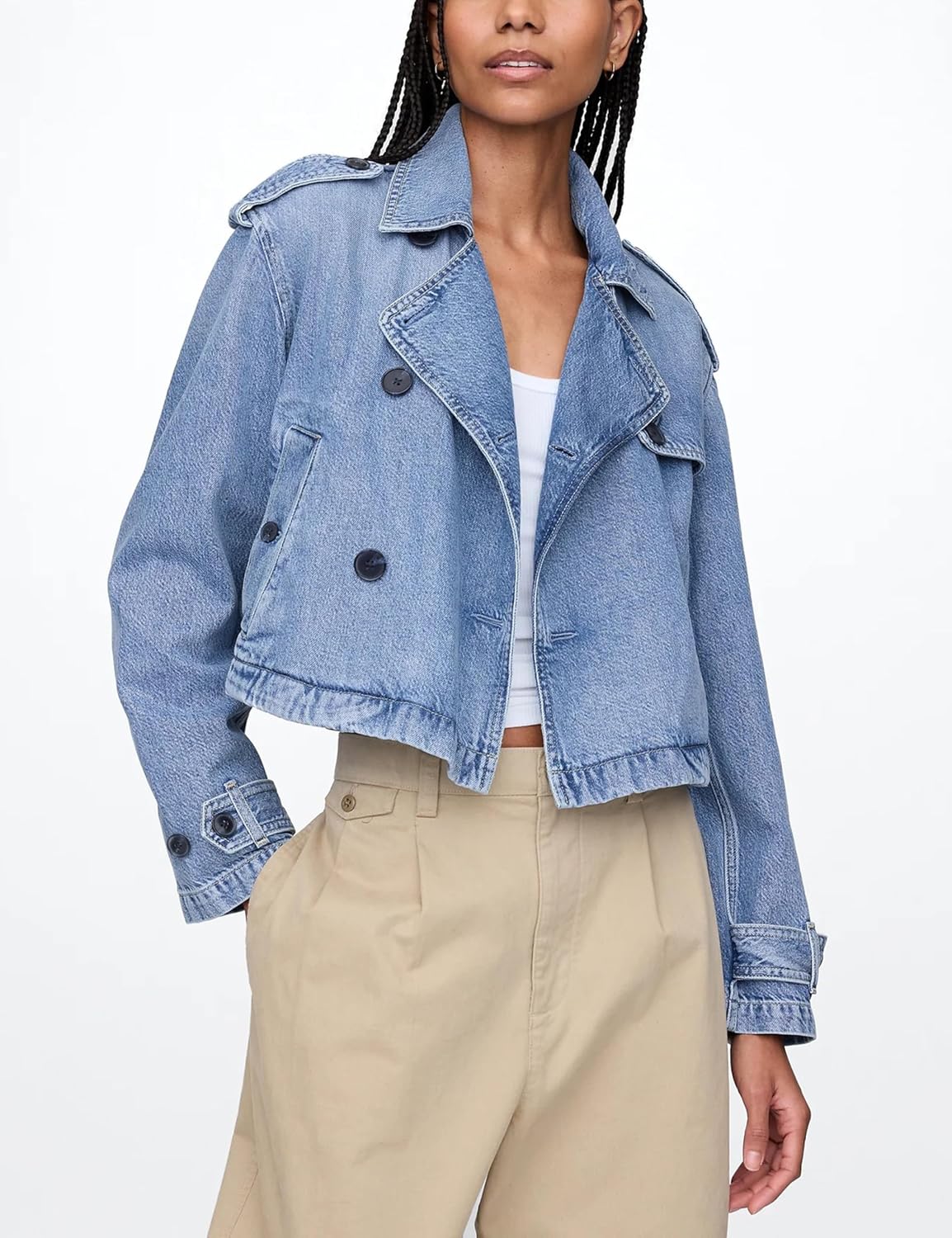 Majdan Women's Cropped Denim Trench Coat Notch Collar Jean Jacket Double Breasted Coats with Pockets - Image 3