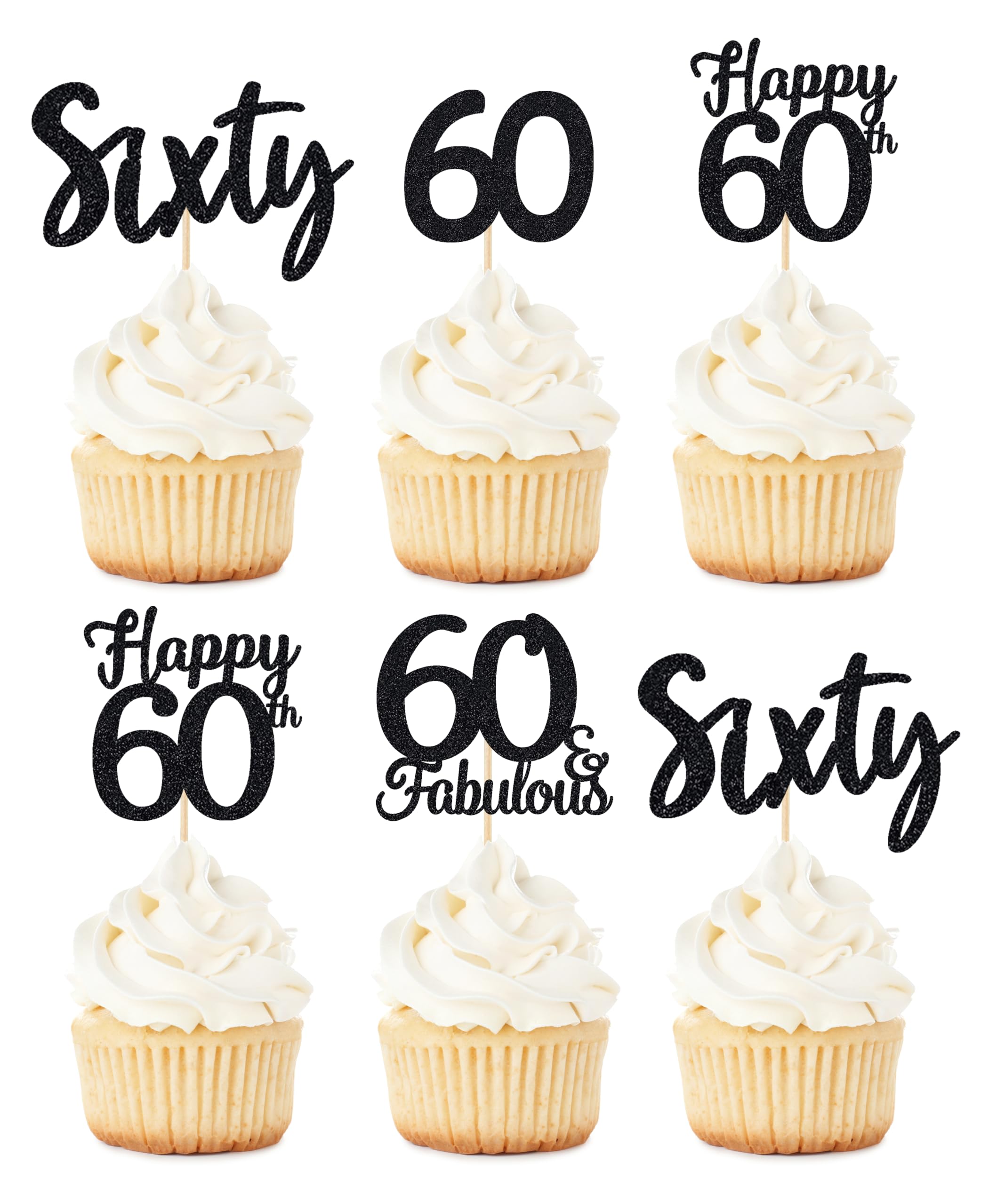 Snapklik.com : 24 Pcs 60 Birthday Cupcake Toppers - BLACK Glitter