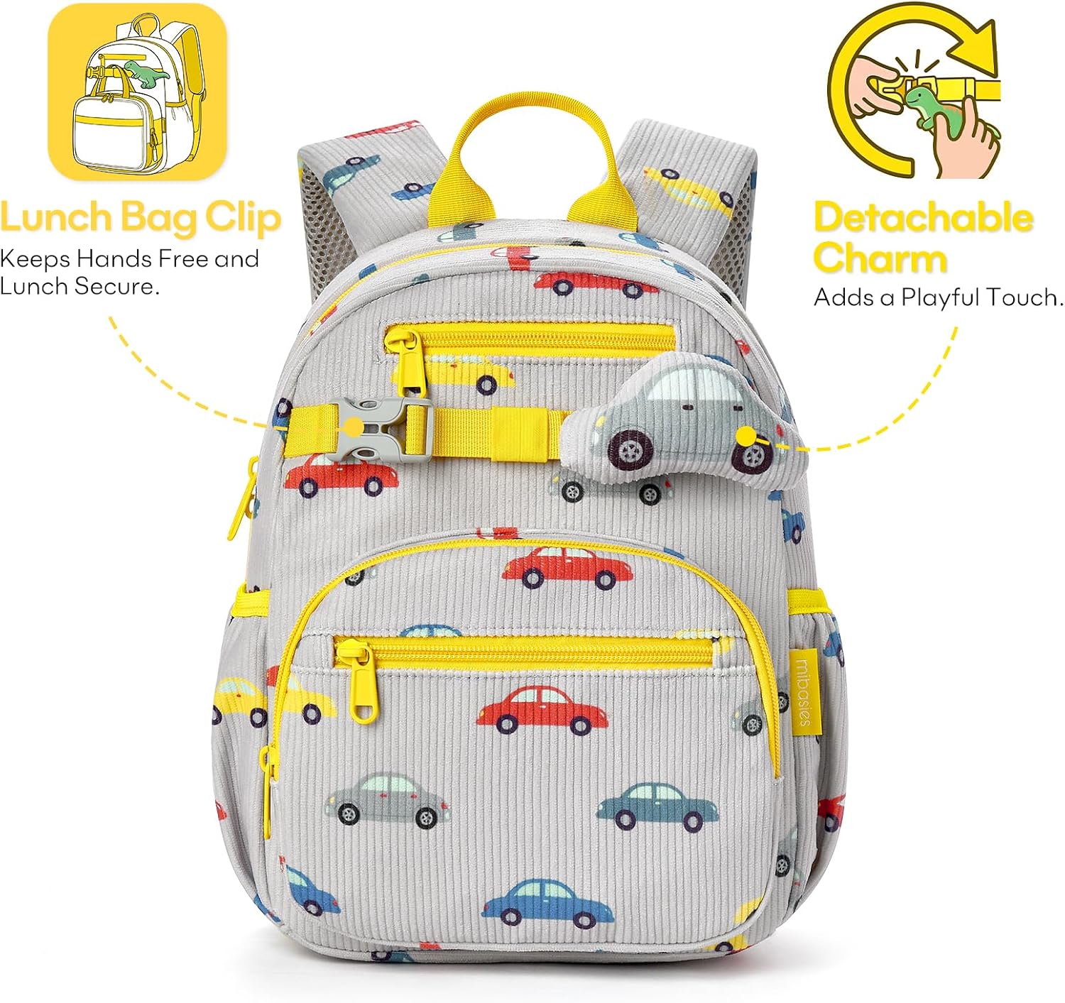 mibasies Toddler Backpacks for Boys 2-4: Little Kid Corduroy Bookbag for Preschool Daycare Travel, 12" H - Gray Car image 3