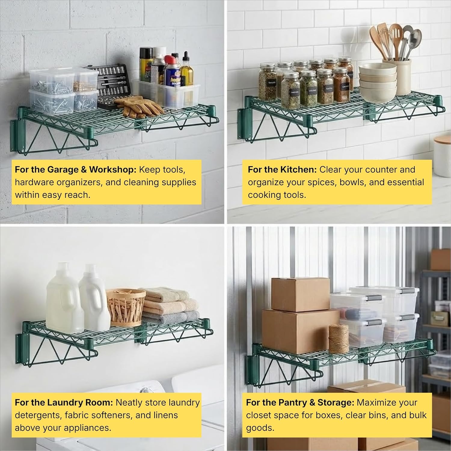 14" x 48" Green Epoxy Wire Wall Mount Shelf