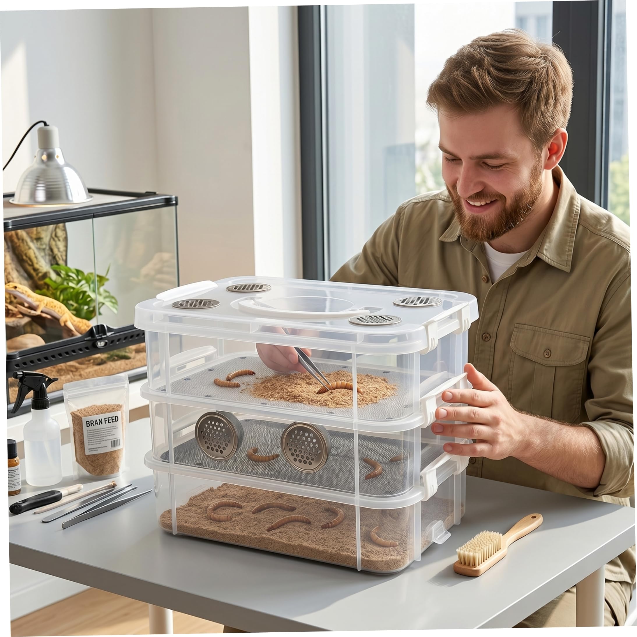 Kit de granja de gusanos, kit de cría de gusanos de la harina, hábitat de plástico transparente con doble ventilación, cerraduras antiescape y accesorios fáciles de limpiar