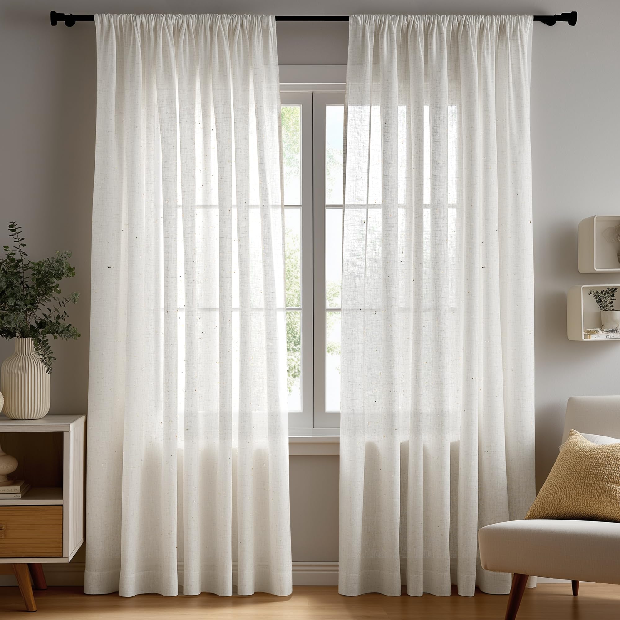Deconovo Cortina de gasa con cinta fruncida, cortina decorativa semitransparente, aspecto de lino, cortinas ventiladas para salón, 290 x 140 cm (altura x anchura), lino, juego de 2 unidades