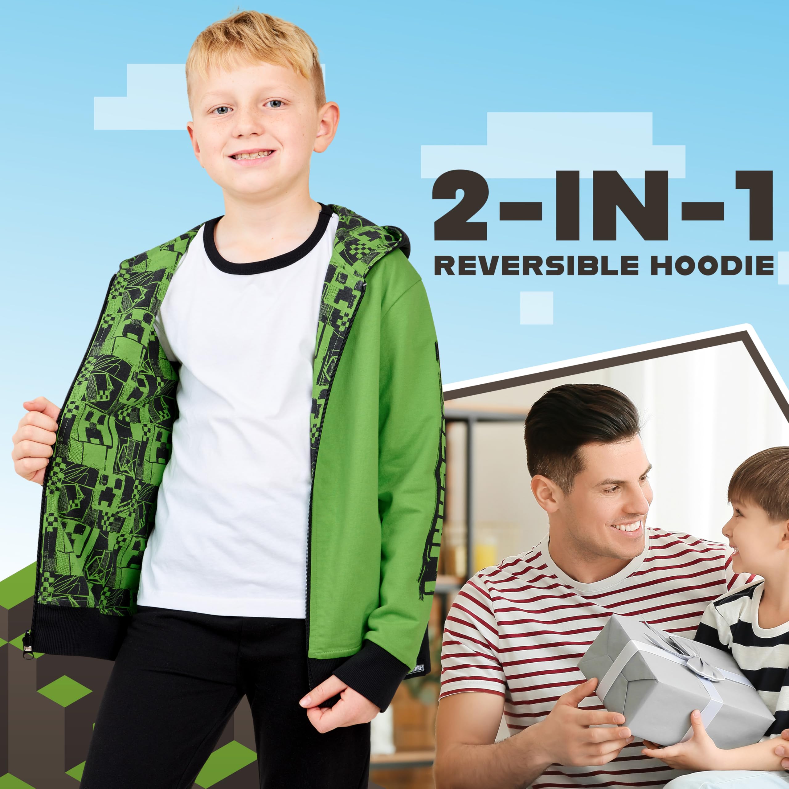 Minecraft Sudaderas con Capucha para Niños Sudadera Niño Reversible con Cremallera Ropa Niño Adolescente Gamer 5-14 Años