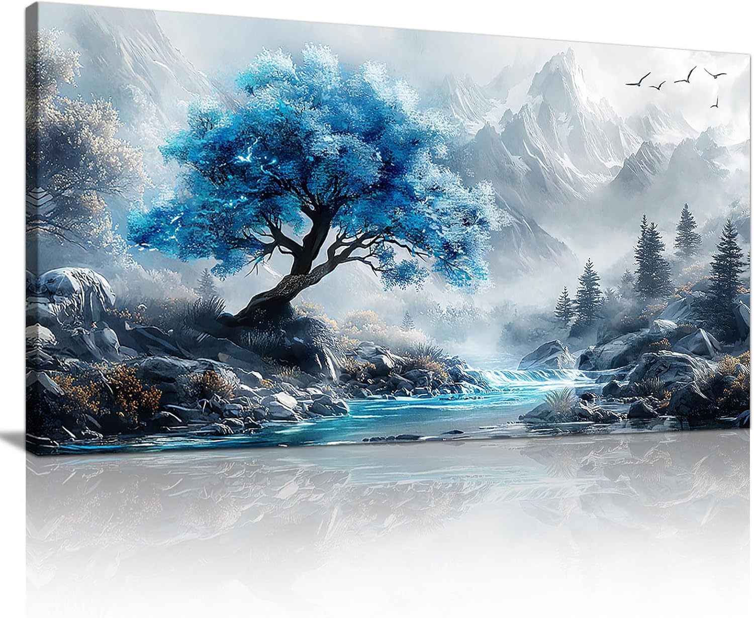 WENTIAO Canvas Wall Art For Living Room, Large Blue Lakeside Forest Wall Decor For Bedroom Painting Mountain Fog Landscape Wall Pictures Artwork Office Frame Canvas Art Modern Home Decoration 60X120cm Z-Mountain Fog 48"L x 24"W