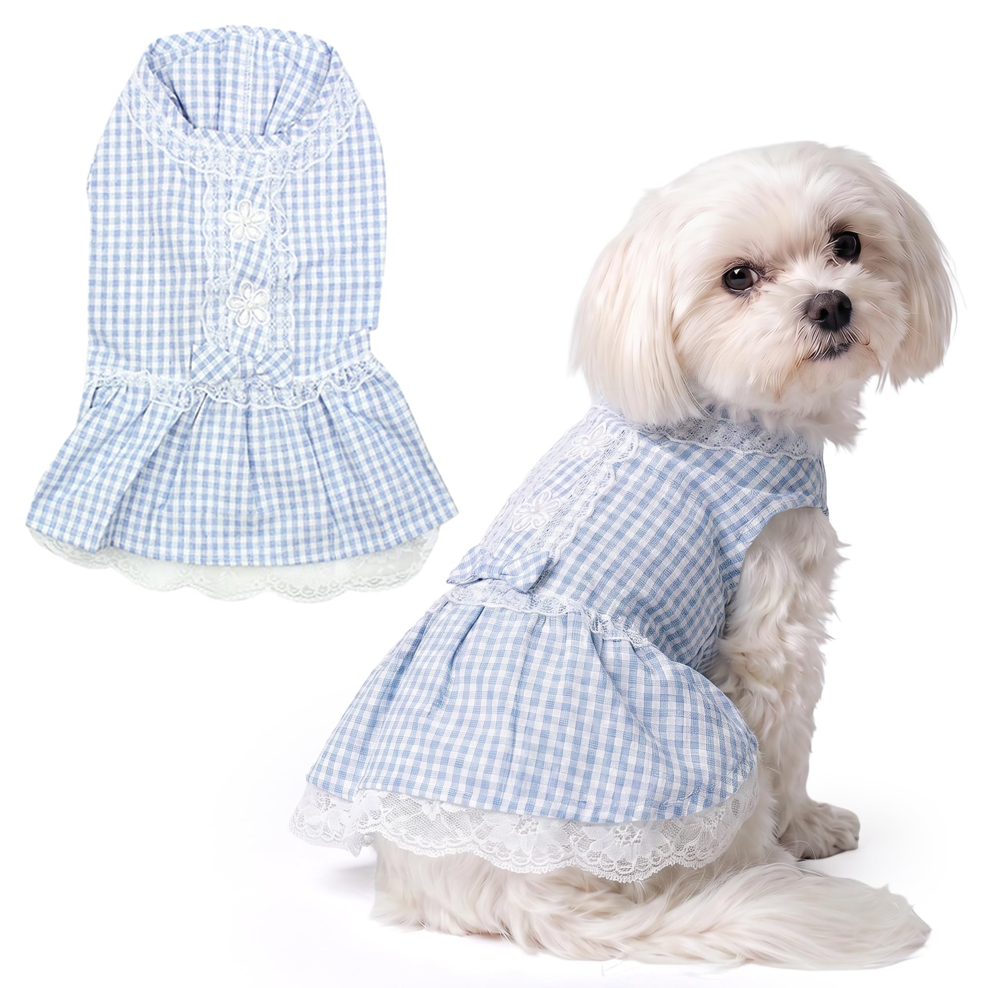 Parisian Pet Summer Dog Dress - Countryside Clothes for Small Dogs Girl - Gingham Pet Dress - Elegant Blue Dog Outfit - Lightweight Puppy Clothes - Breathable Stylish Dresses for Dogs