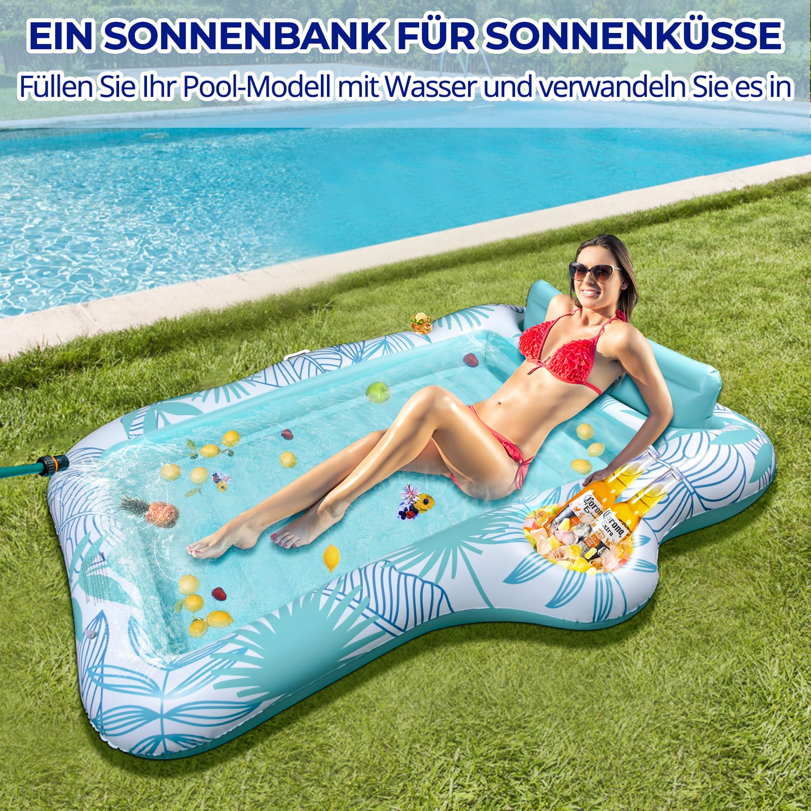 BuzzoXerex Aufblasbares Sonnenpool, Doppelte Deluxe Tanning Pool Groß Wasserhängematte Erwachsene Aufblasbarer Luftmatratze Pool mit Kopfstütze & Getränkehalter für Sommerpool Strand