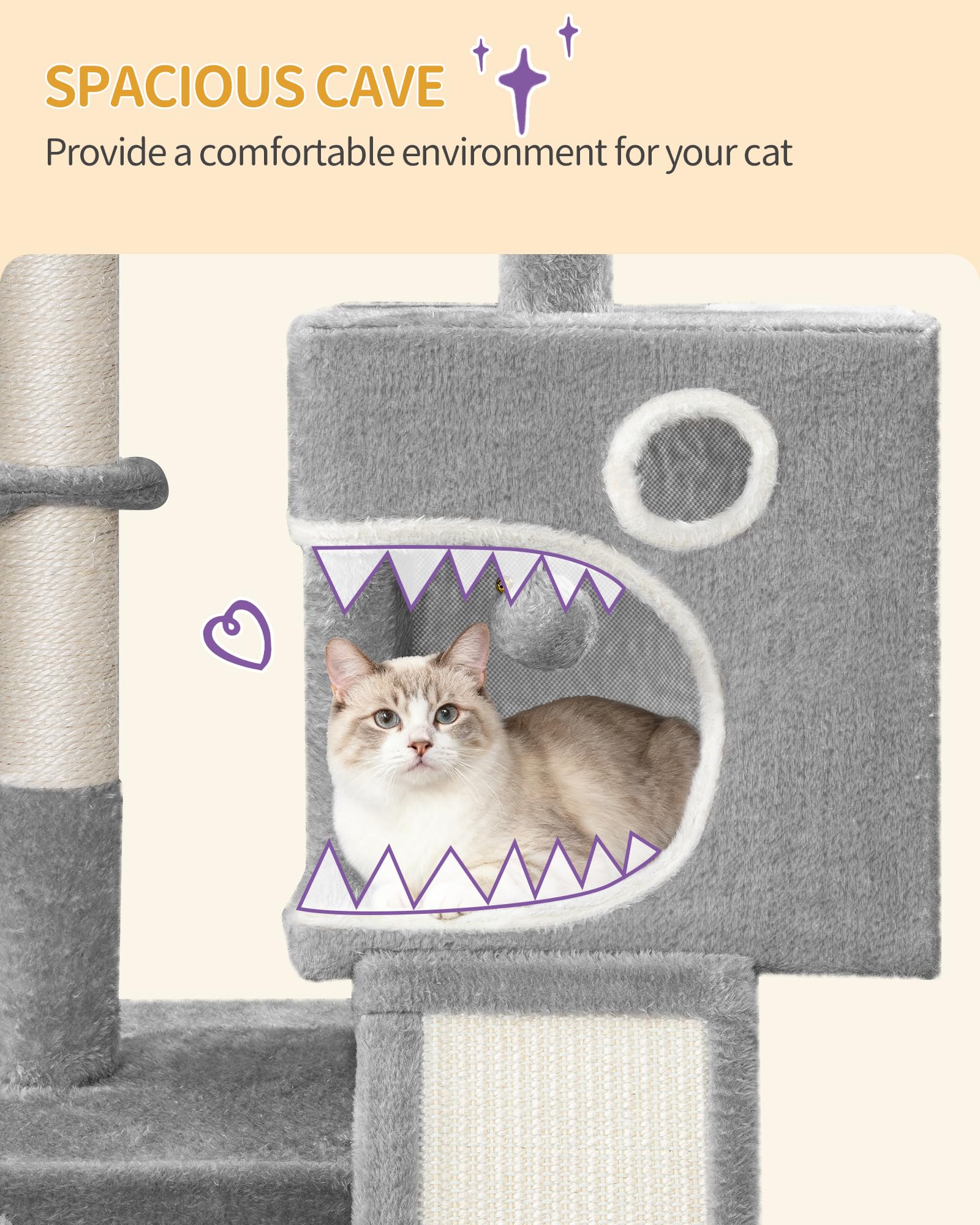 Hzuaneri Árbol para Gatos 98 cm, Rascador para Gatos con 3 Postes, Plataforma, 2 Cuevas, Cesta, Pompón, Multinivel, Gris Claro MS10118LG | Mueble de casa de gatos multinivel con poste rascador, 2 cuevas, plataforma grande, pompón, MS10118LG