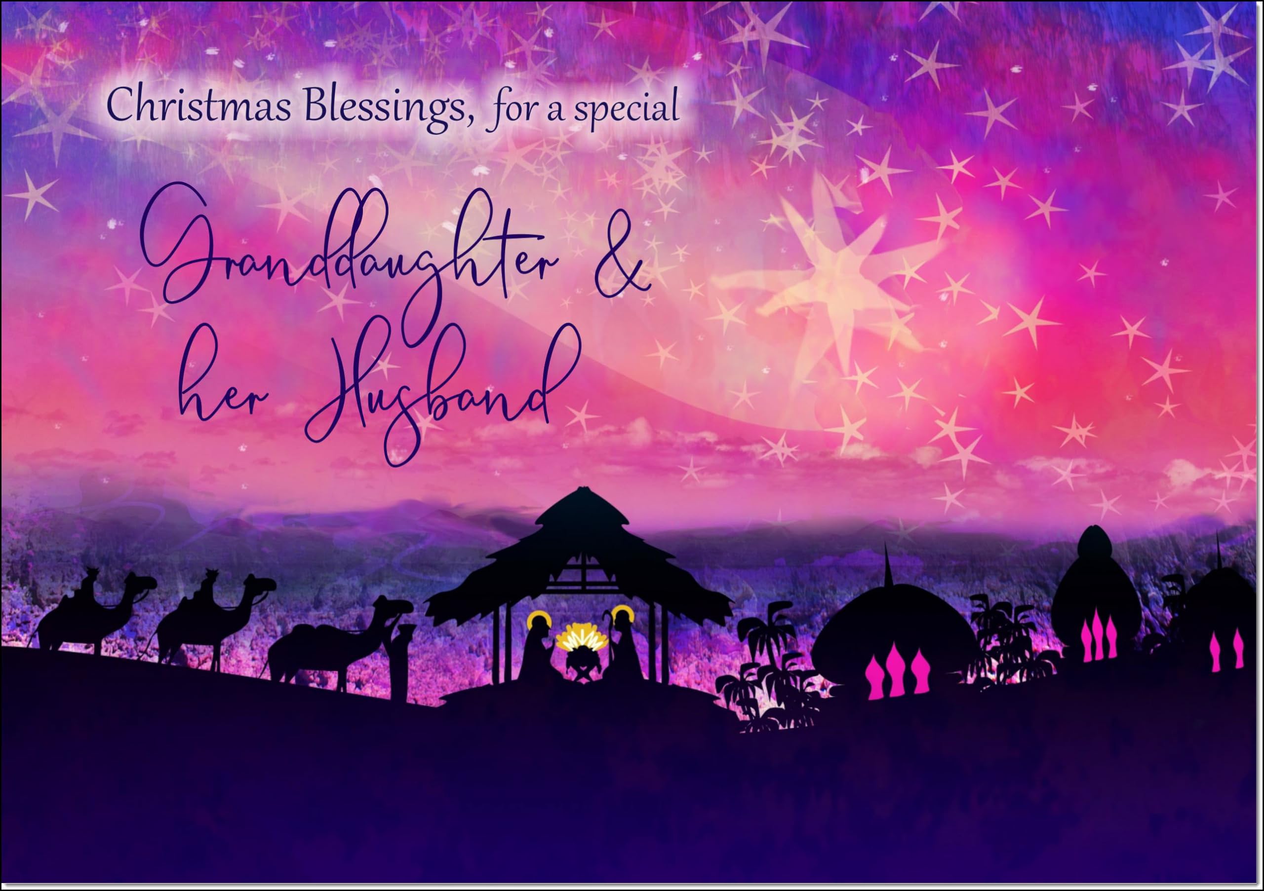doodlecards Granddaughter and Husband Christmas Card Nativity Scene Evening Watercolour Large A4 Size Christmas Card for Granddaughter & Husband with Plain Envelope