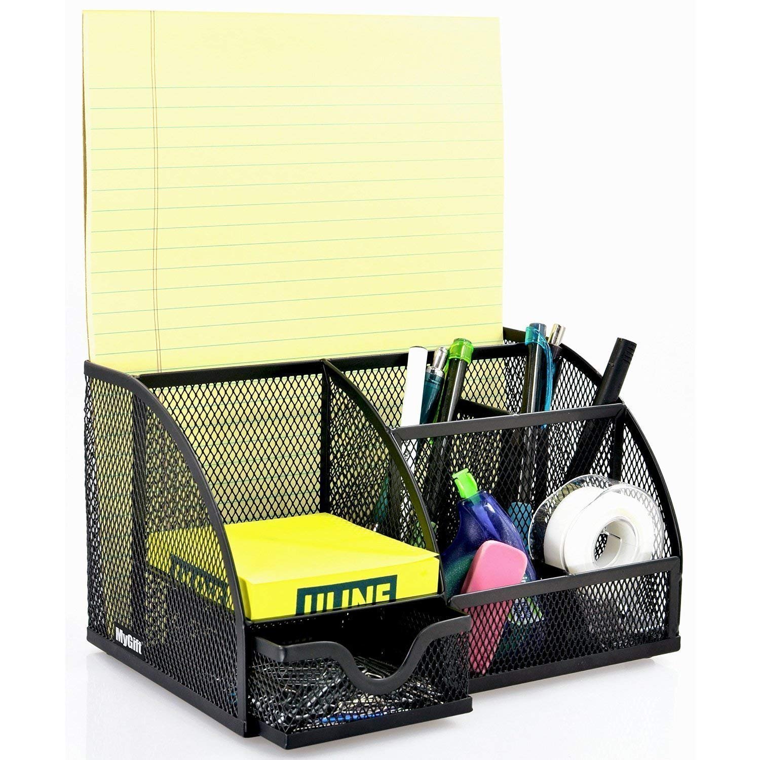 SUKHAD 6 Compartment And 1 Drawer Metal Desk Organizer, 8.8 x 5.5 x 5 Inch, Black 1