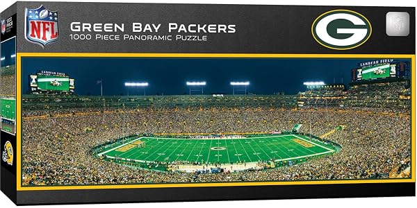 A panoramic view of the completed MasterPieces NFL Stadium Jigsaw Puzzle, showcasing vibrant team colours and stadium detail.