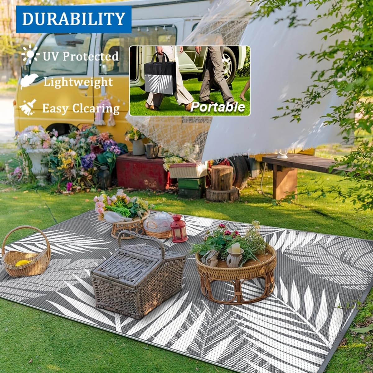Hiseng Tapis d'extérieur Imperméable Terrasse Balcon, Tapis Réversible à Motif Feuilles Modernes en Plastique Résistant aux Intempéries aux UV, pour Jardin, Camping, Pique-Nique (Gris,183x274cm)