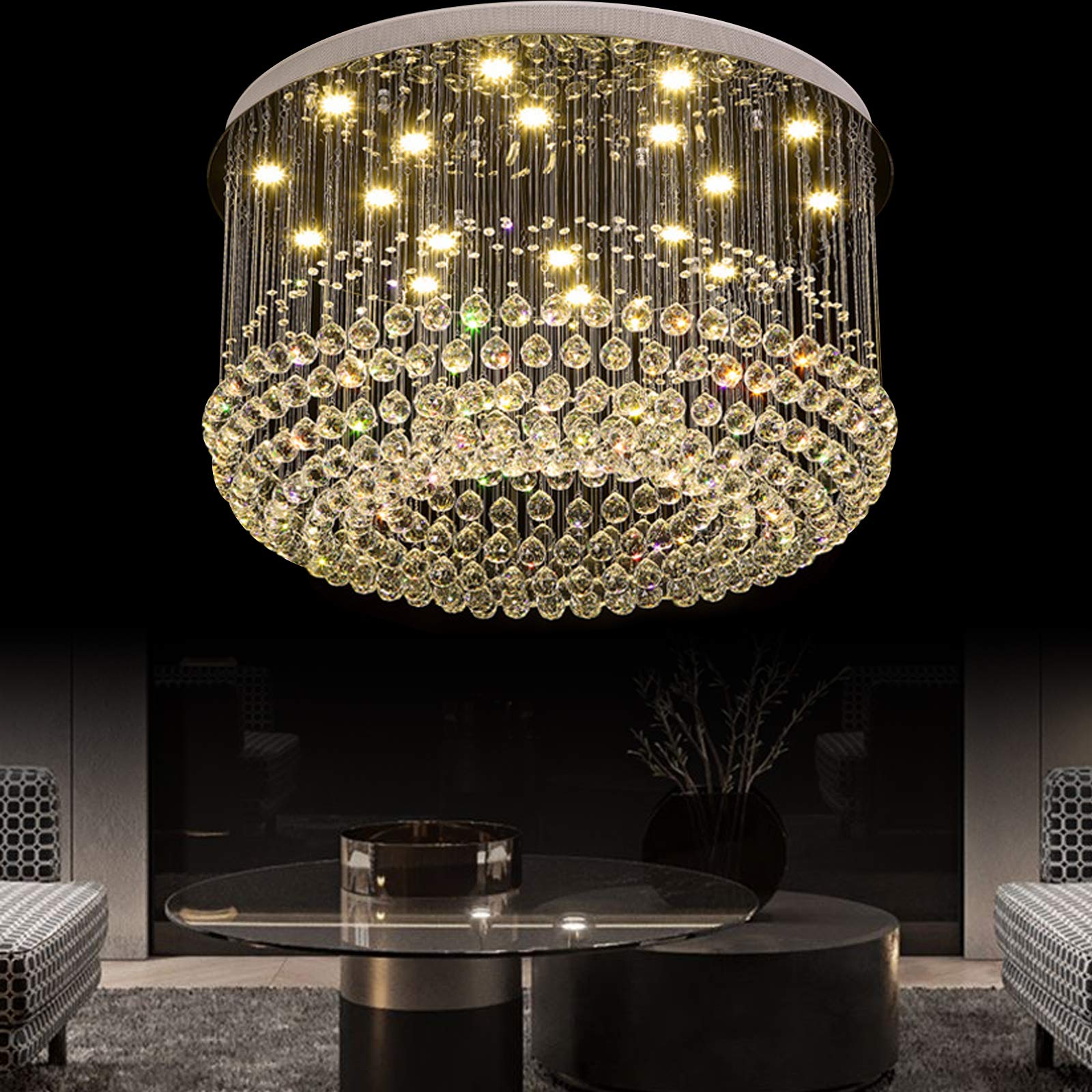 Lustre Cristal CROSSIO 12 Luzes Moderno - Preto Com Cristais K9 Gota Chuva