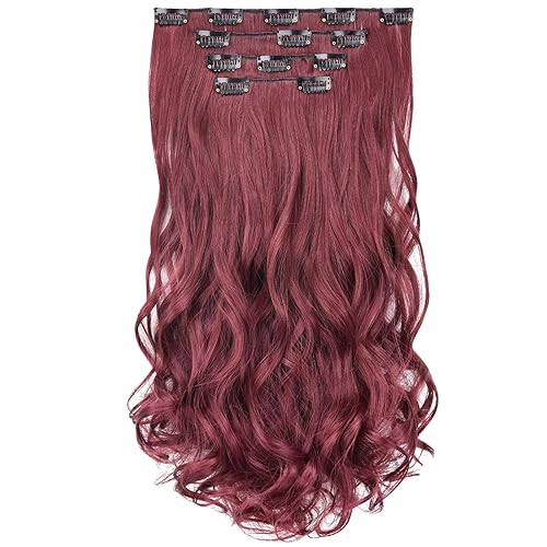 SYXLCYGG Extensiones de cabello ondulado color burdeos, 4 piezas, extensiones de cabello sintético de 18 pulgadas, 5.5 onzas, rizado, color rojo