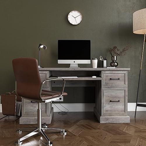 Miniatura 6 de BELLEZE Rhudi - Escritorio ejecutivo de 62pulgadas Marrón oscuro, Gris (Grey Wash), gris rústico, Roble rústico, Gris piedra