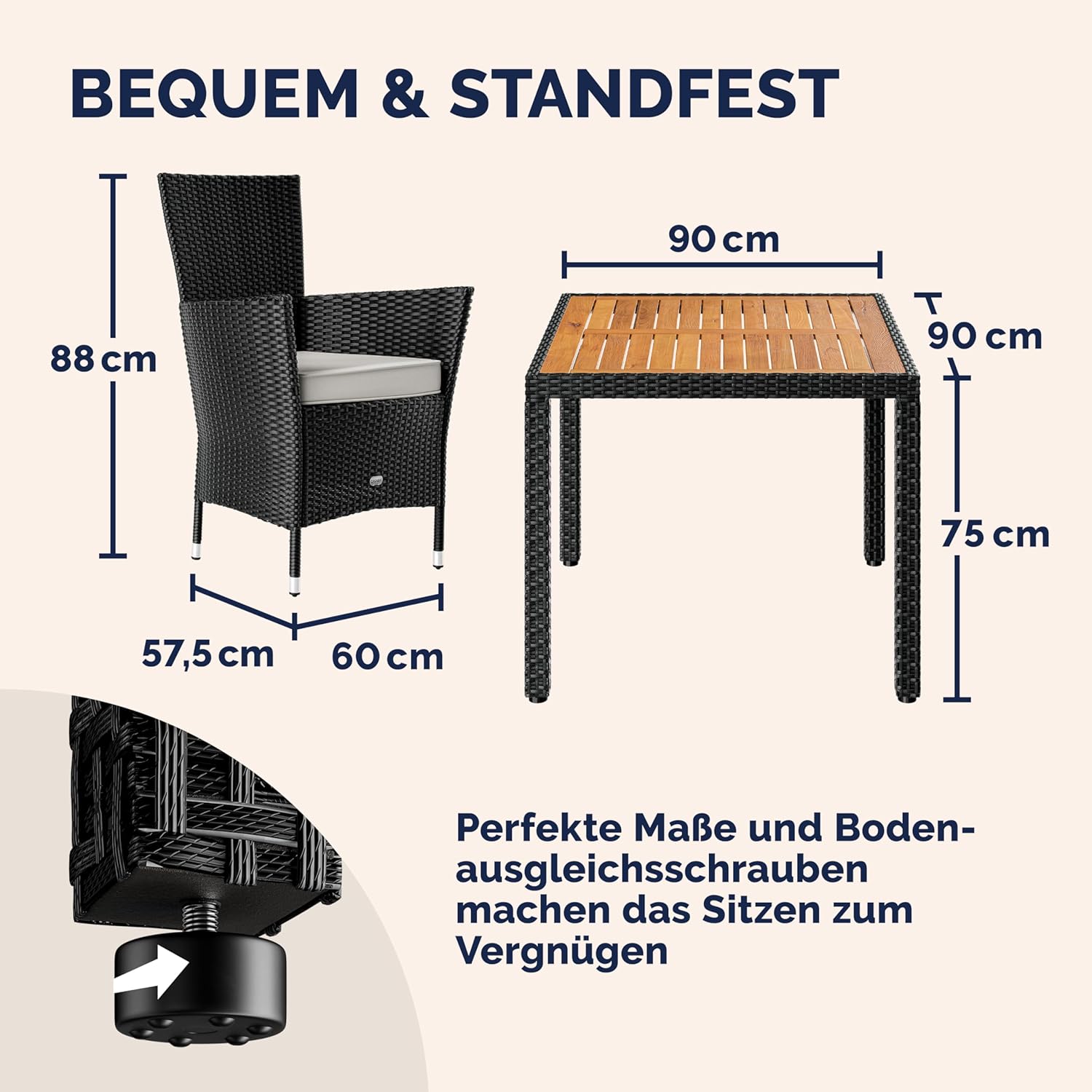 Dimensions of the Casaria garden table and chairs, including adjustable feet.