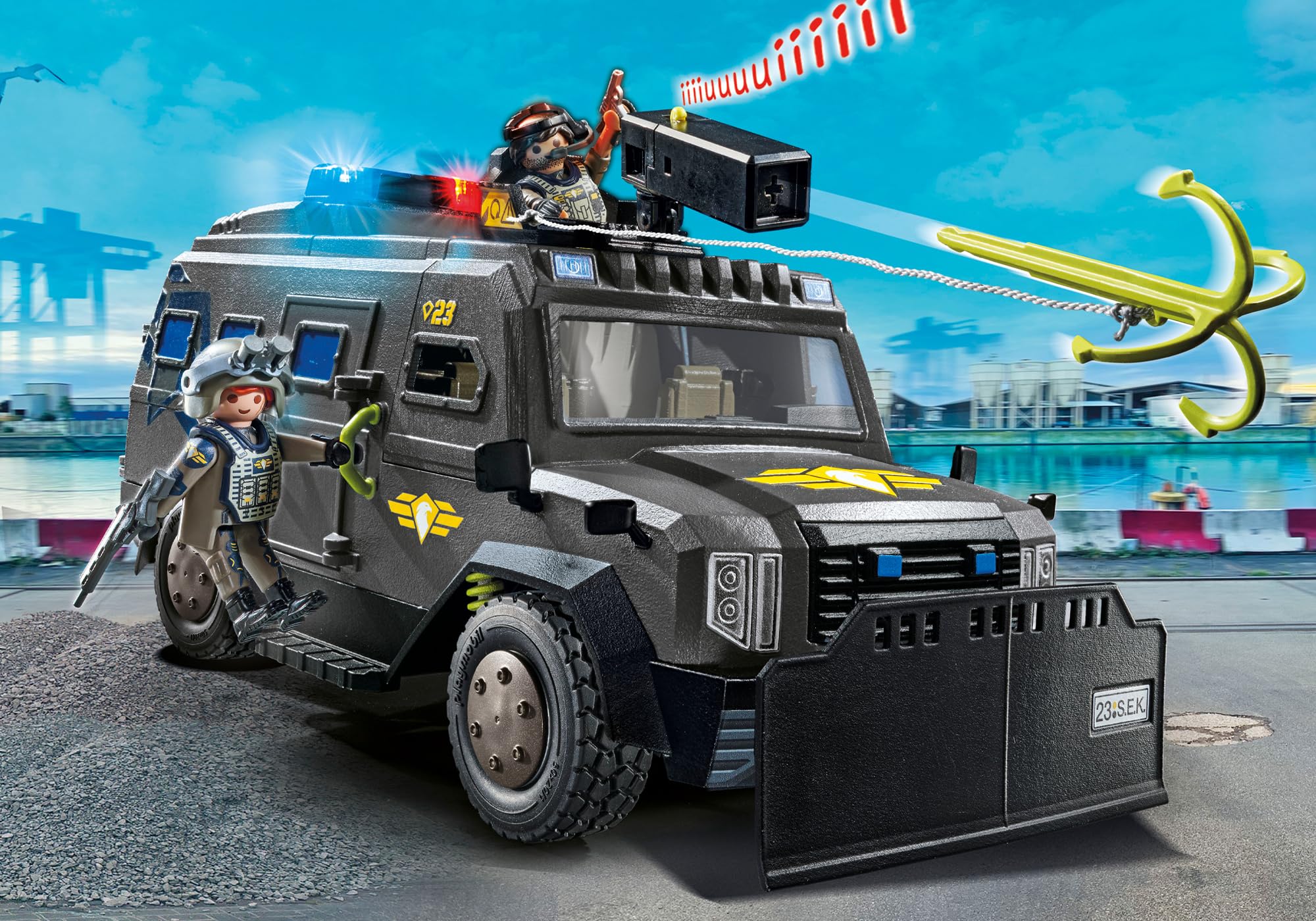 PLAYMOBIL City Action 71144 SWAT pojazd terenowy, nowoczesny SEK ze światłem i dźwiękiem, 71371 gaśniczy na lotnisku