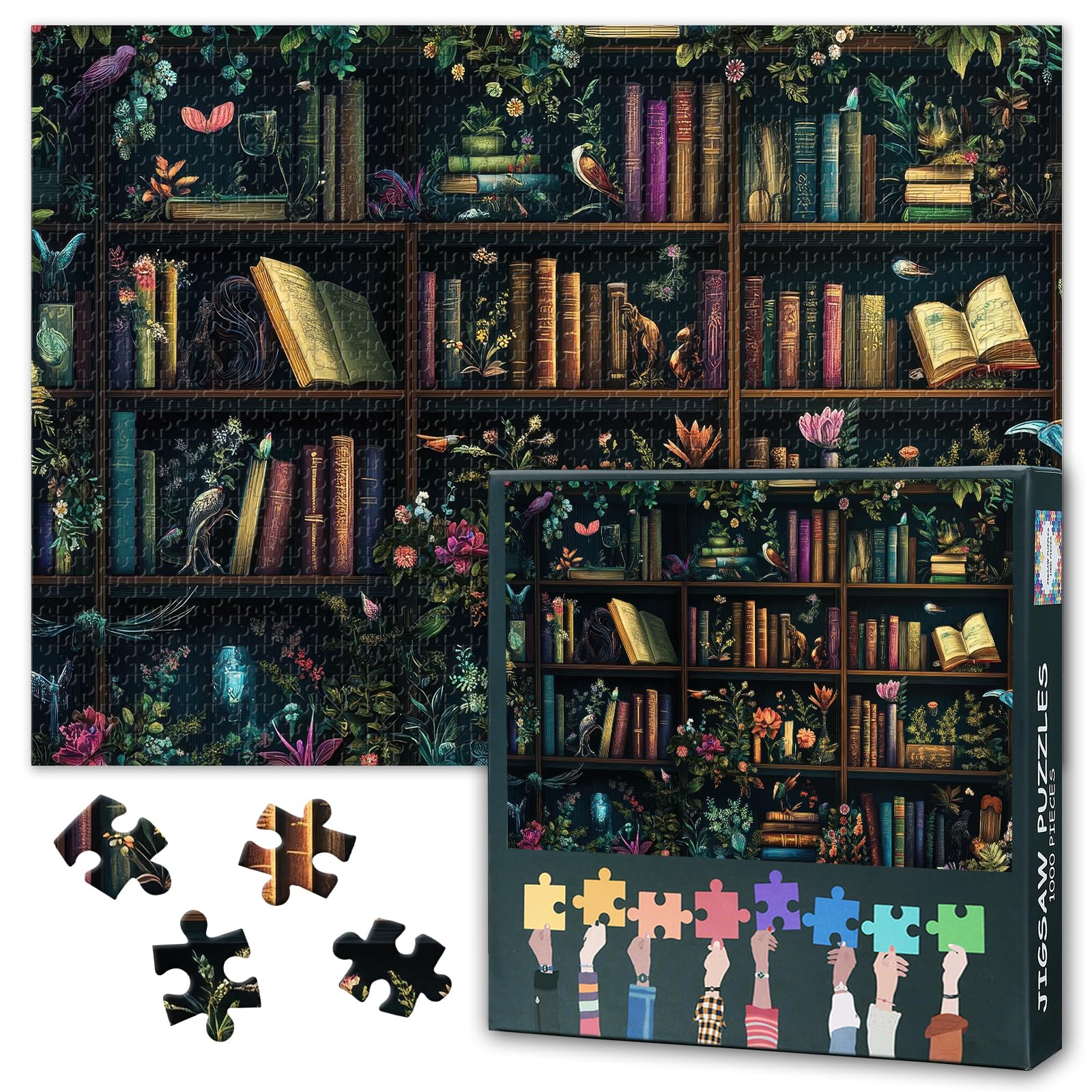 Bookshelf Puzzles for Adults 1000 Pieces, Lush Greenery Jigsaw Puzzles, Vbrant Flowers Adult Puzzle for Adults, Educational Fun Games or Toys for Elders Friends 20X27 INCH