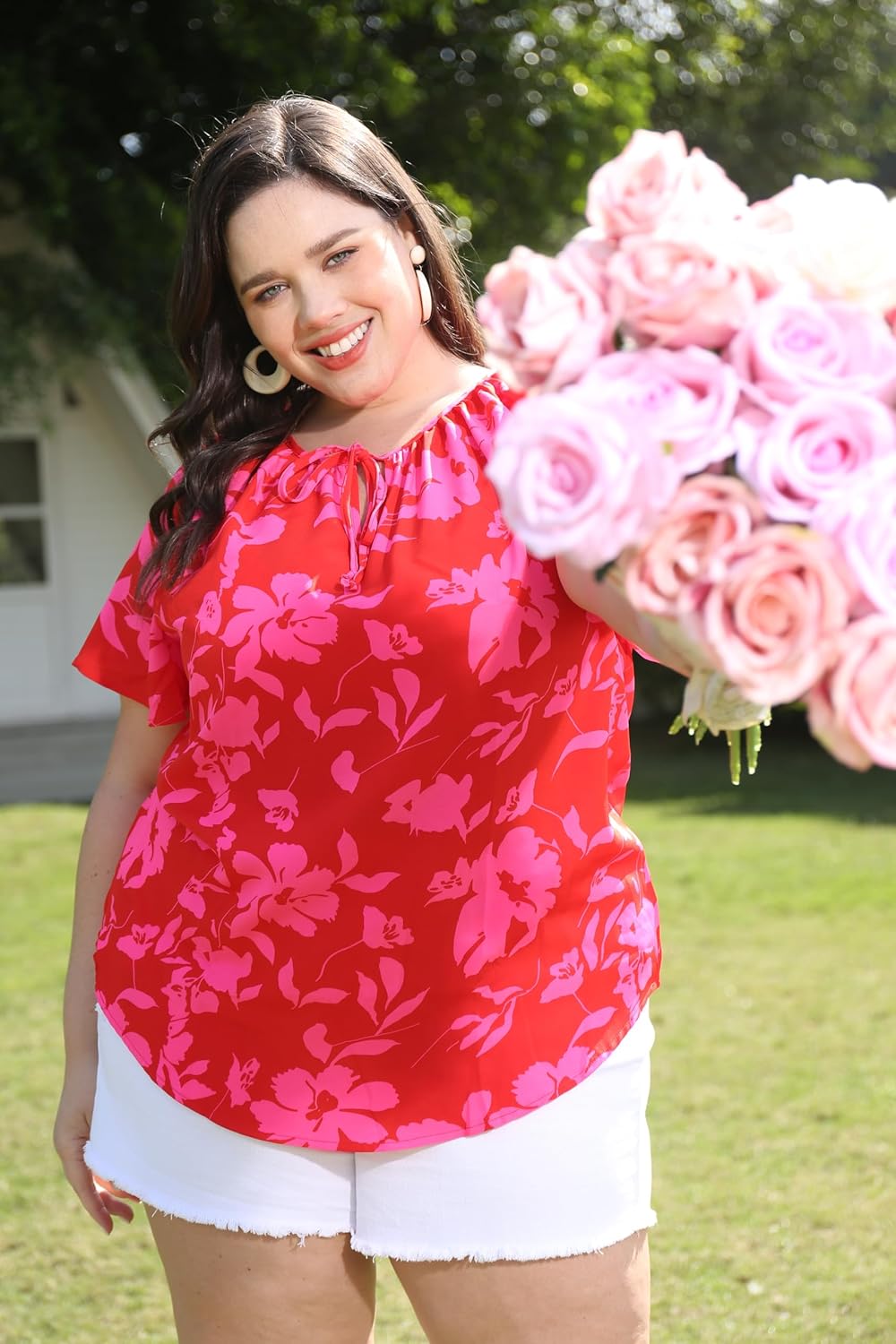 CARCOS Womens Plus Size Floral Blouses Ruffle Short Sleeve Boho Tops Chiffon Summer Shirts Drawstring Business Shirts XL-5XL - Image 2