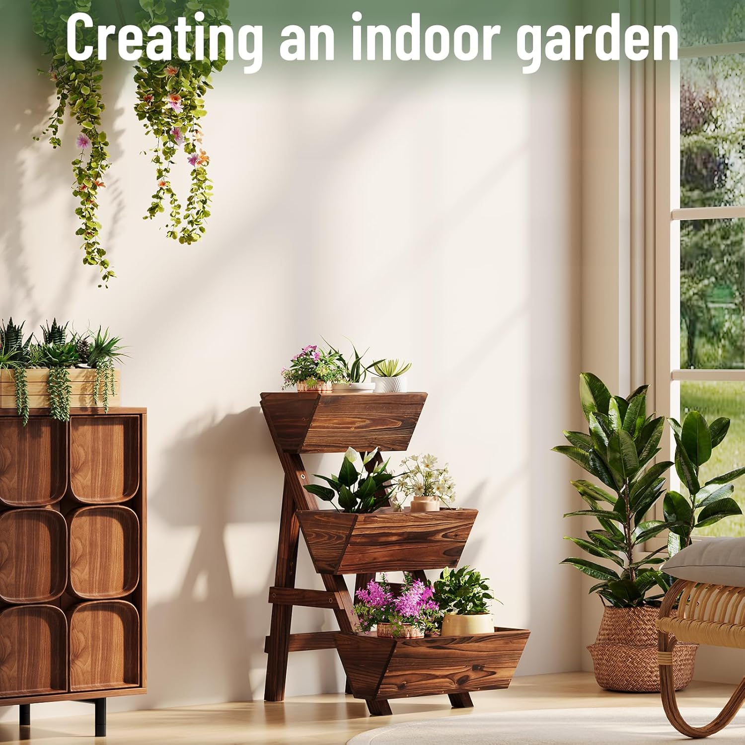 Vertical Wooden Raised Garden Bed, Garden Planters Freestanding Wood Plant Stand Flower Rack Wooden Planter Box for Plants Herbs Flowers Vegetables Outdoor Indoor Gardening (3-Tier Small Carbonized)