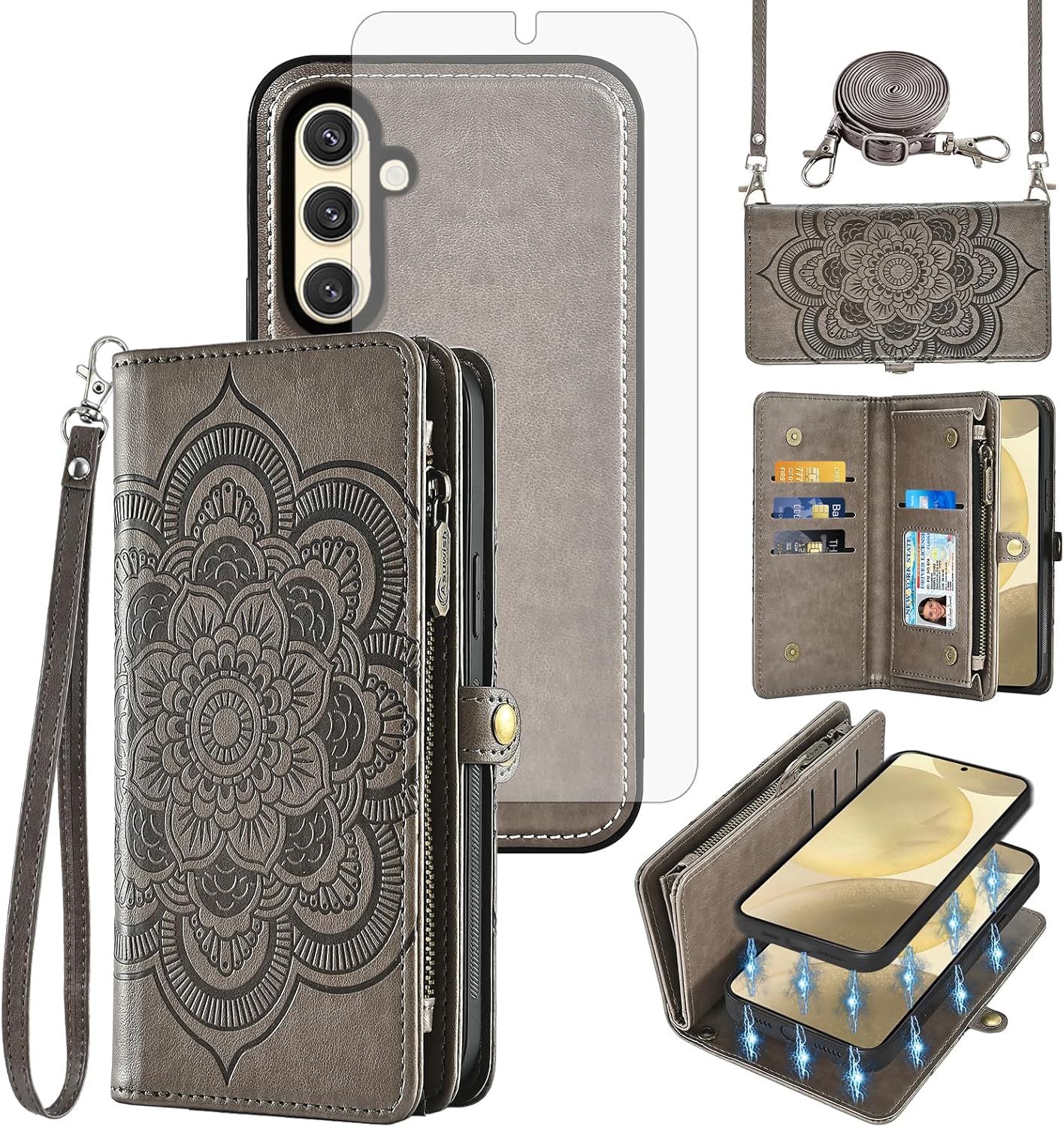 Asuwish Phone Case for Samsung Galaxy S24 5G Zipper Wallet Magnetic Detachable Cell Cover with Tempered Glass Screen Protector Crossbody Strap Flower Flip Card Holder S 24 24S G5 Women Men Girls Gray