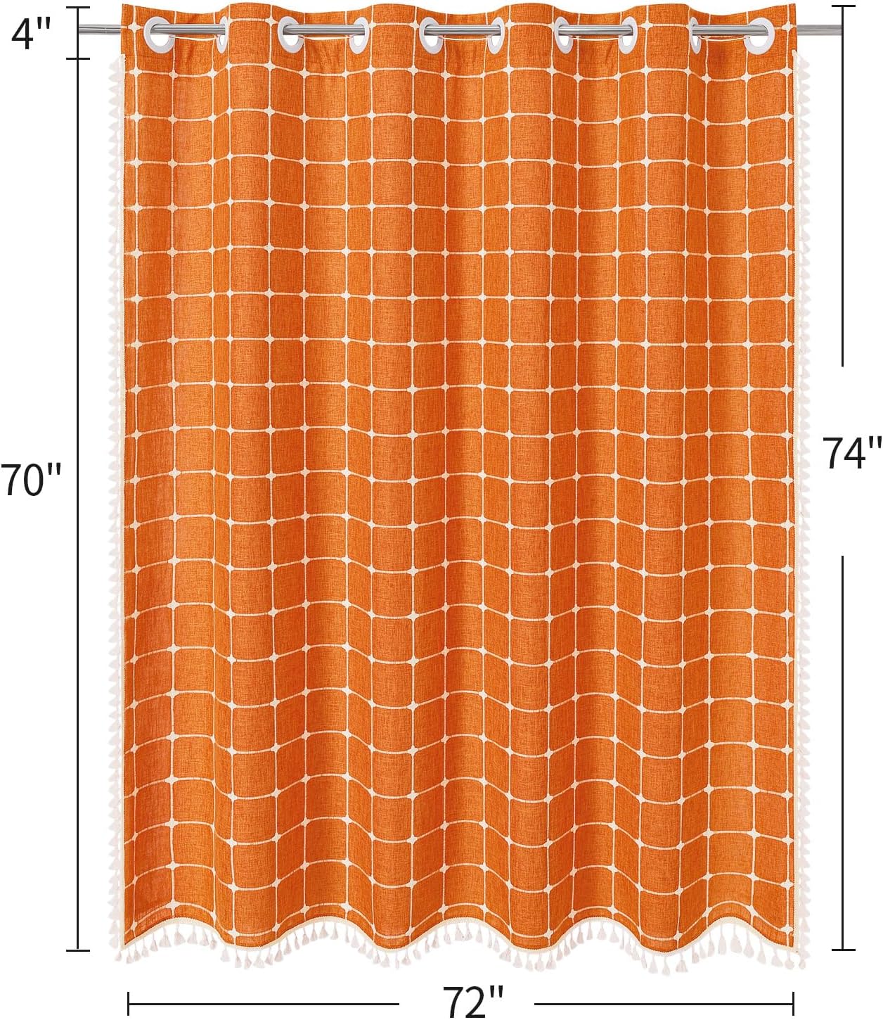 MitoVilla No Hooks Needed Orange Boho Shower Curtain with Snap-in Liner, Farmhouse Cotton Linen Fabric Shower Curtains with Tassels for Rustic Neutral Bathroom Decor, Burnt Orange, 72 x 74