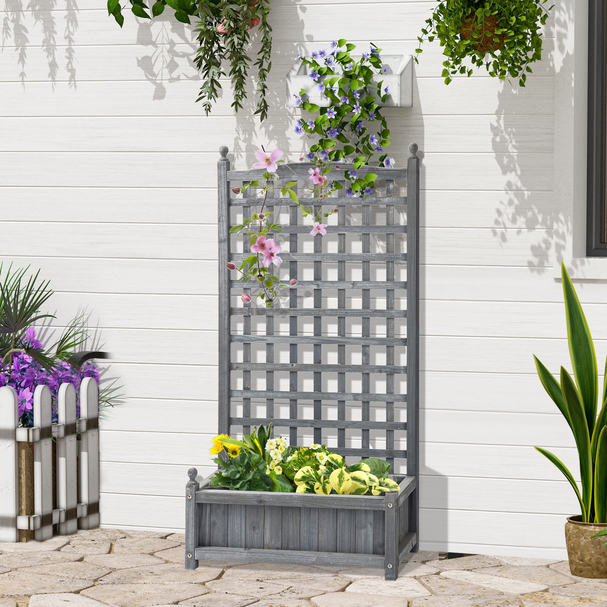 Outsunny fioriera per aiuole rialzate con traliccio fioriera per piante rampicanti arco di rose con supporto per piante rampicanti giardino legno grigio 64 x 28 x 120 cm