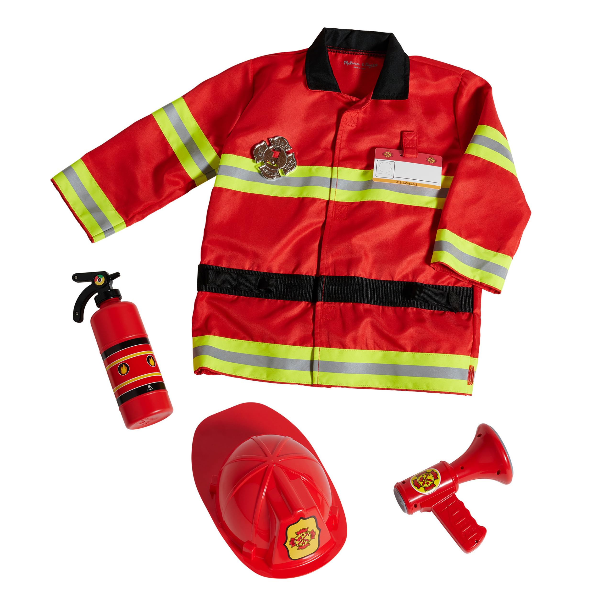 Melissa & Doug Costume da Pompiere - Gioco Vigile del Fuoco, Vestito Carnevale con Casco, Estintore, Ascia e Badge, Costumi di Halloween o Carnevale, Regalo per Bambini e Bambine, 3+ Anni