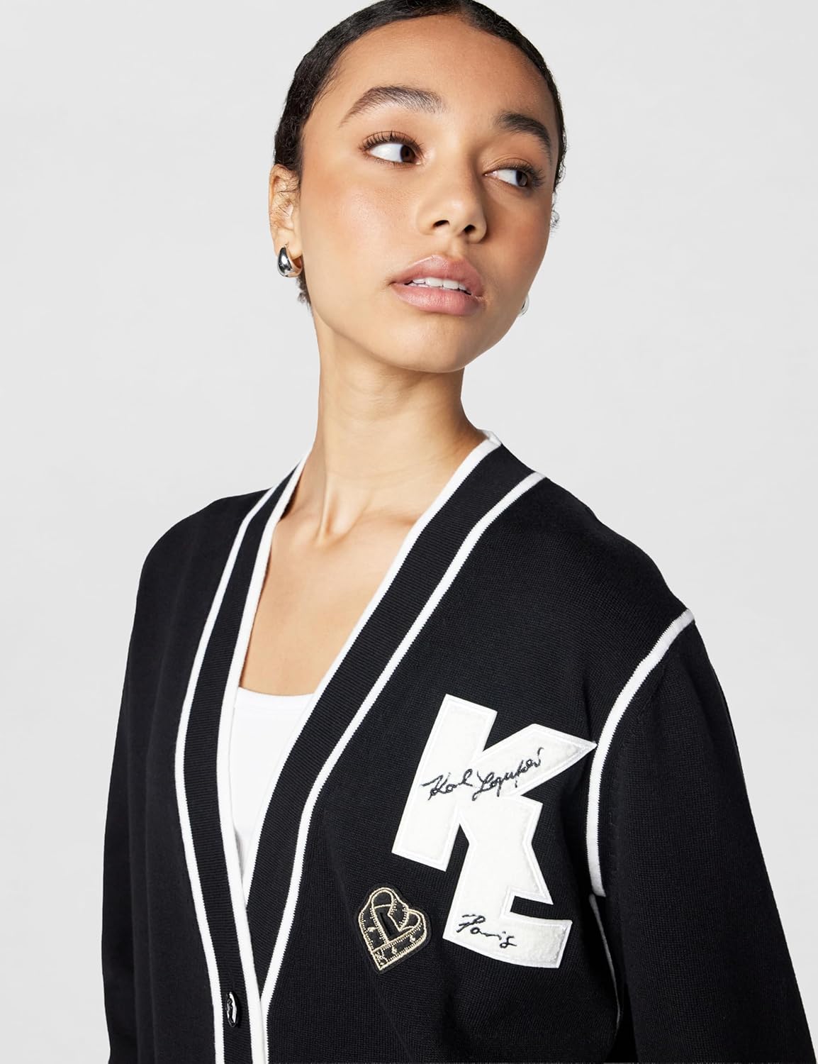 Karl Lagerfeld Women's Varsity Cardigan Sweater with Karl Logo Patches