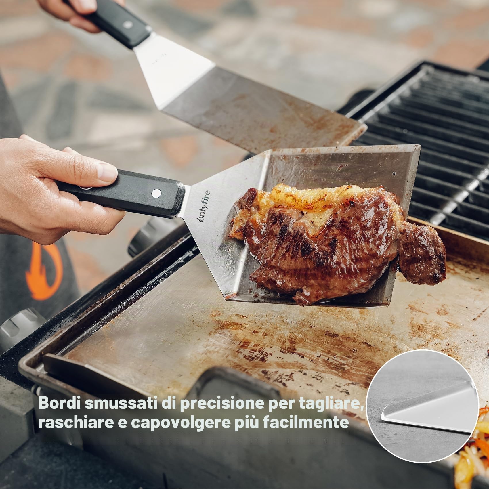 Onlyfire Kit di Accessori per Barbecue, Include una Spatola Grande con Bordo Rialzato, una Spatola Lunga e un Raschietto per Piastra, Attrezzi Barbecue in Acciaio Inossidabile per Piastra Teppanyaki