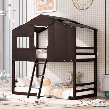 Twin Over Twin Bunk Beds for Kids Toddlers, Wood House Bunk Bed with Ladder, Converts into 2 Separate Platform Beds Espresso/B!