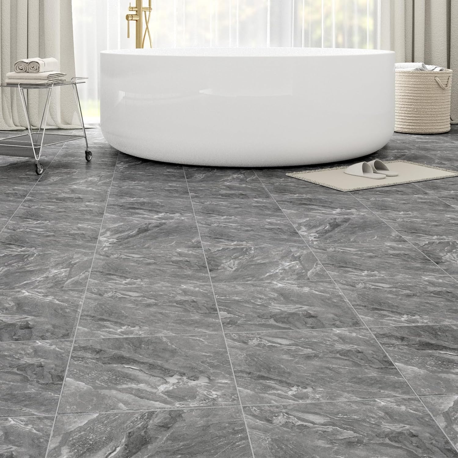 40-Pack Peel & Stick Floor Tiles 12 x 12 inch Vinyl Floor Self Adhesive Waterproof Flooring Planks DIY for Bathroom, Kitchen, Living Room, RV, Cover 40 Sq. Ft, Dark Grey Marble