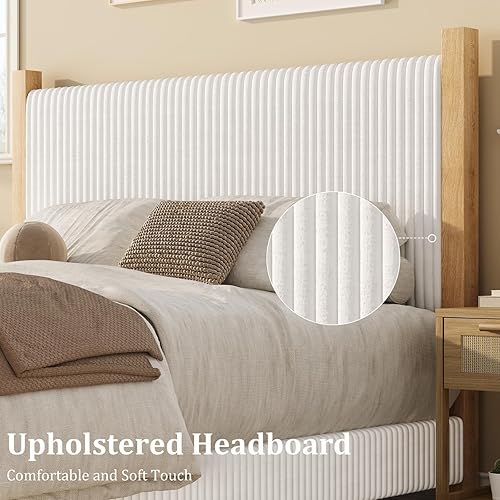 Miniatura 3 de HOMBCK Base de cama Queen con cabecero, base de cama tapizada de pana, cabecera de diseño de canal vertical, no necesita somier, estructura fuerte,