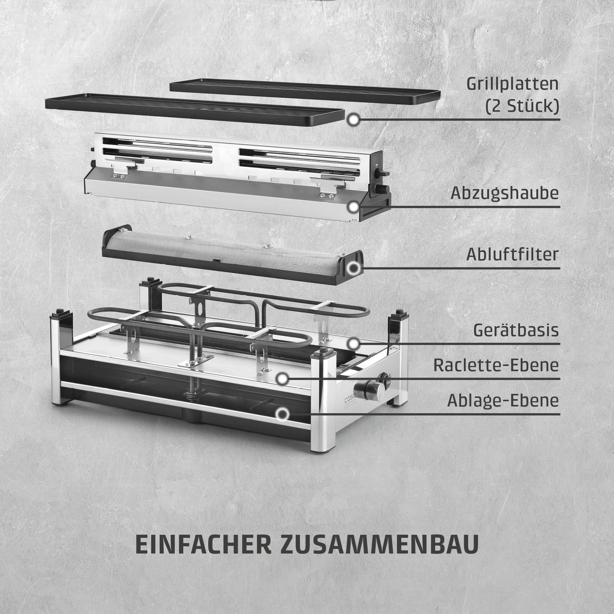 CASO Raclette AirClean - Raclettegrill mit integriertem Dunstabzug, für 8 Personen, schnelles Aufheizen, Antihaft Keramik-Beschichtung (PFAS-frei), 1500 Watt, austauschbarer Geruchs- und Kohlefilter