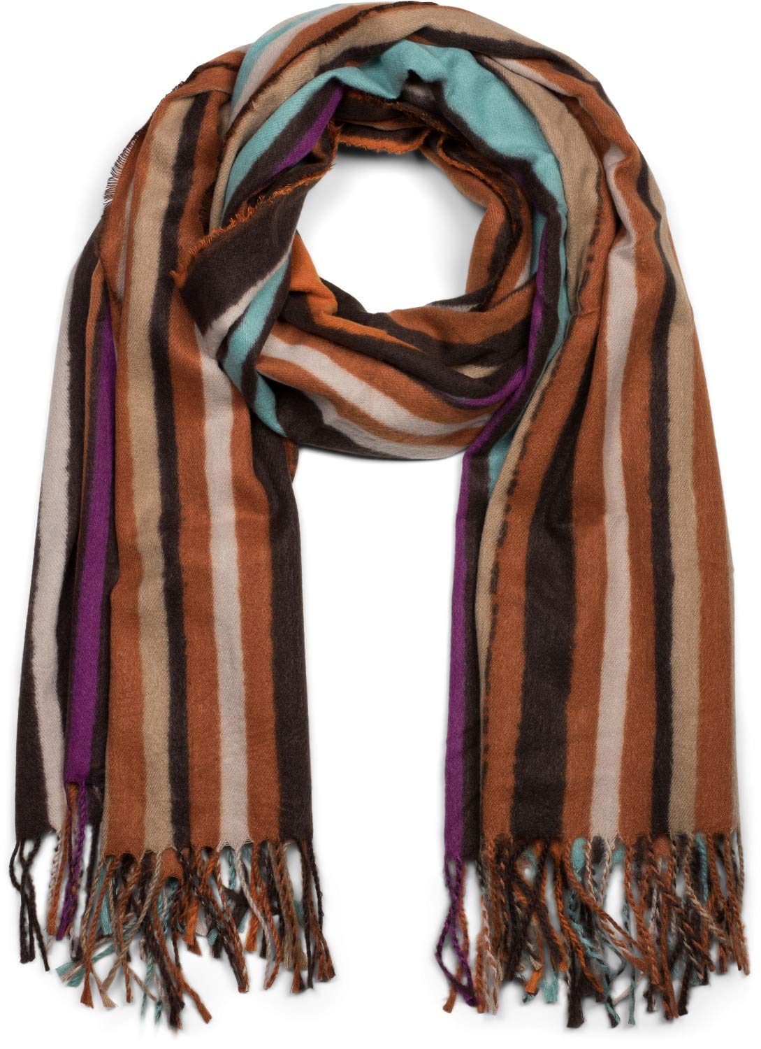 styleBREAKER women scarf with colourful striped pattern and long fringing, colour blocking, winter, stole, shawl 01017113, Colour:Orange-Turquoise-Brown