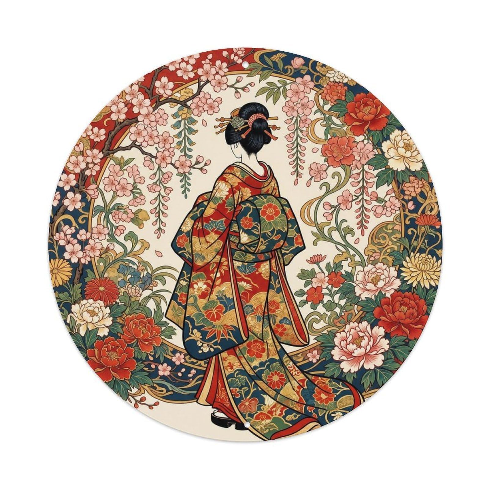 Japanese Geisha Admiring Floral Pattern Ornament Metal Tin Sign